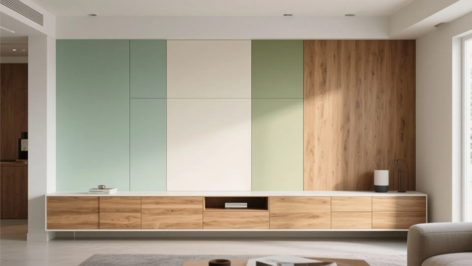 Interior design drawing showing a long wooden cabinet under green white and wood textured wall panels