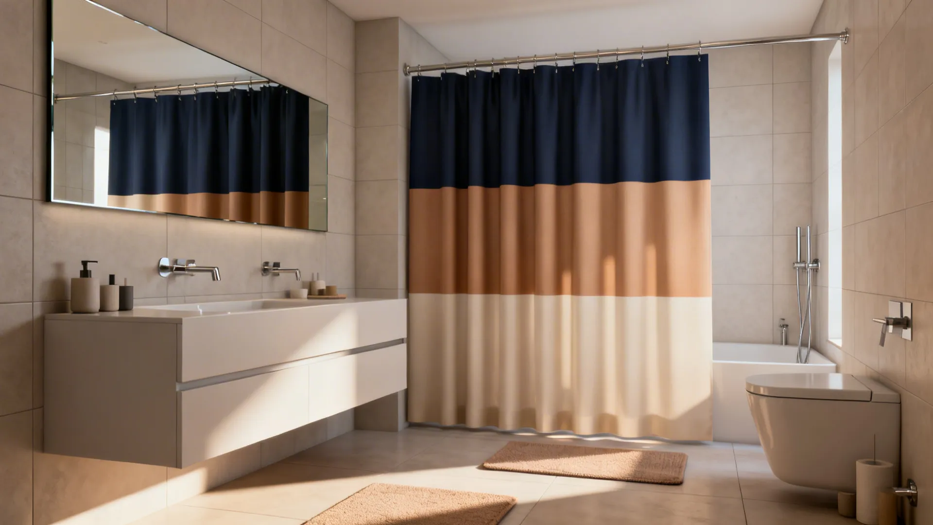 Minimal modern bathroom with a two-tone color-block shower curtain and clean fixtures.