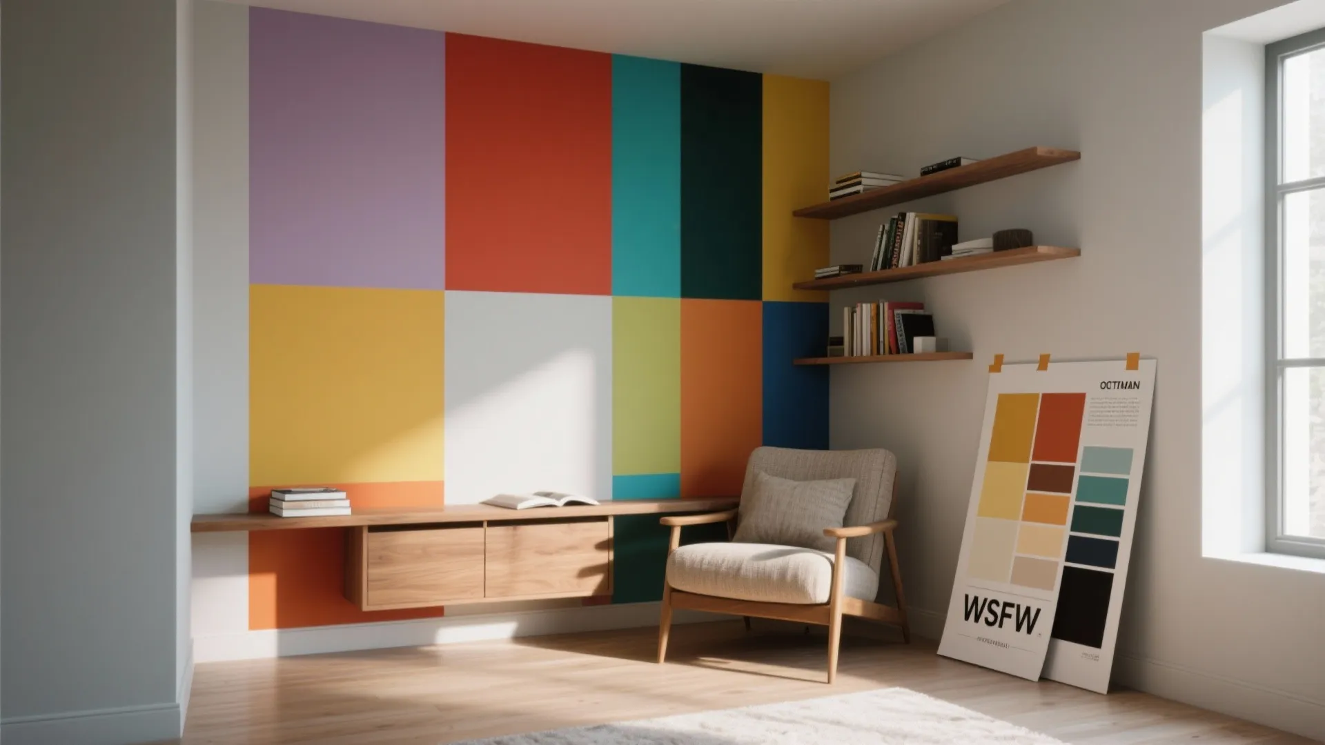 Reading corner with colorful wall mural wooden shelves grey armchair and light wood floor design