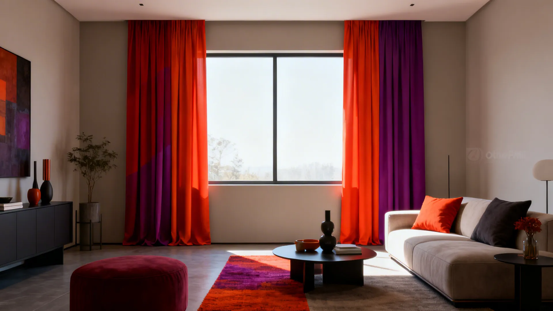 Tall color-block curtain panels framing a large window, with matching accent accessories for balance.