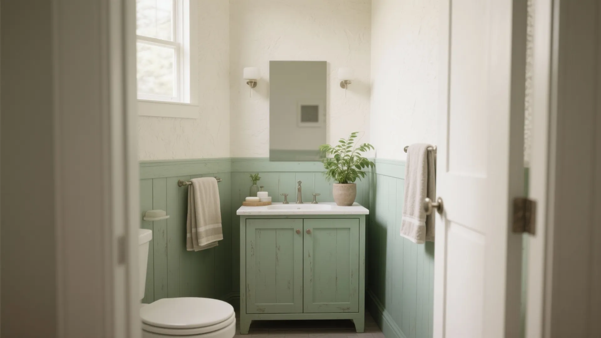 Small bathroom with green wall panel white walls small cabinet mirror and two wall lights