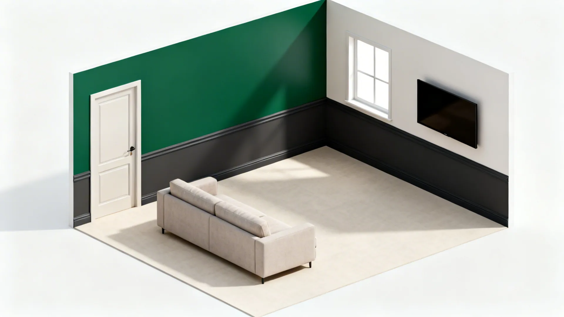 Top-down plan showing 60/30/10 color zones and a feature wall in green