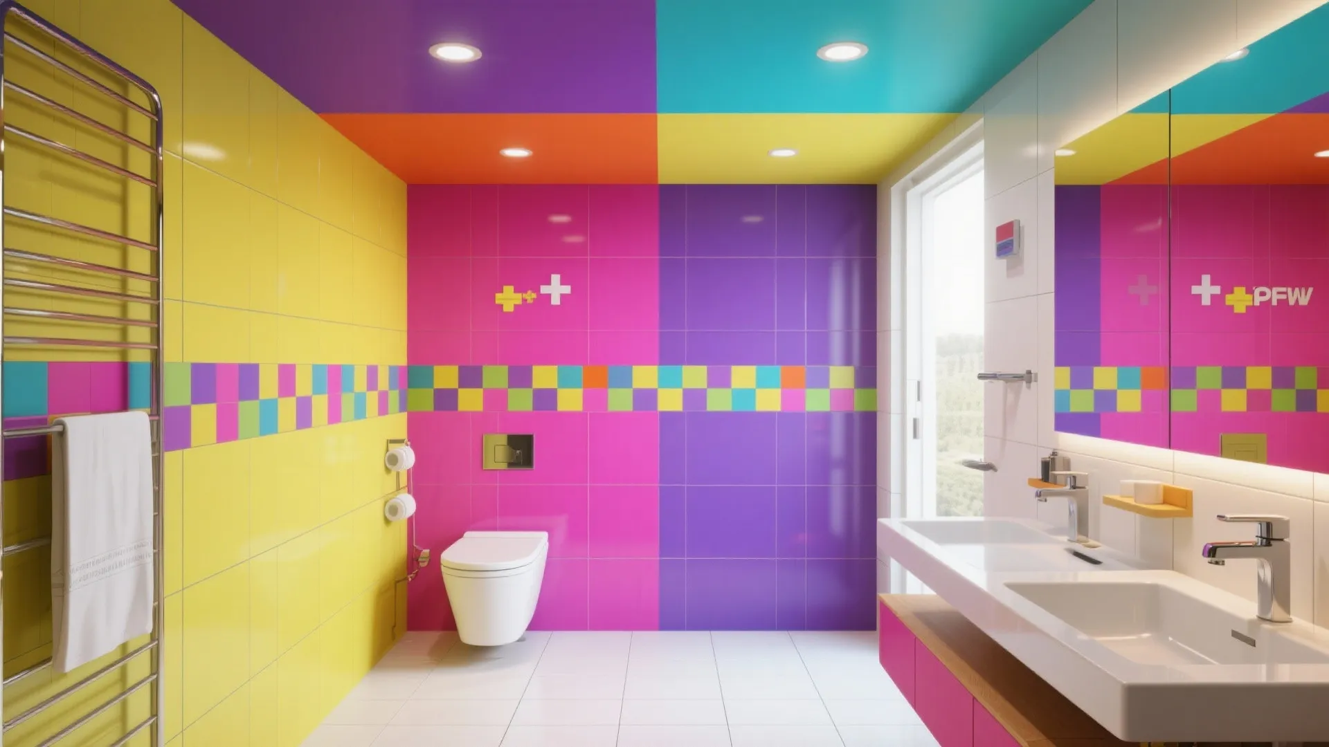 Colorful bathroom with yellow pink blue tiles white toilet double sink vanity and a silver heater