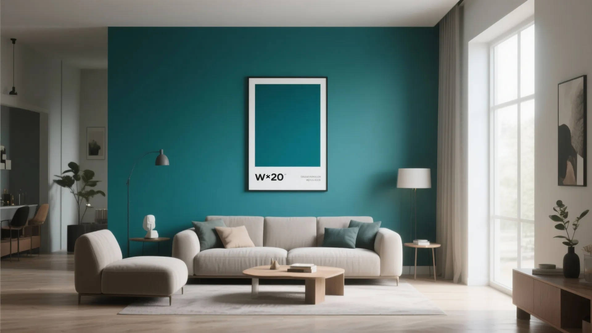 Deep teal color block framing a 40x20 poster