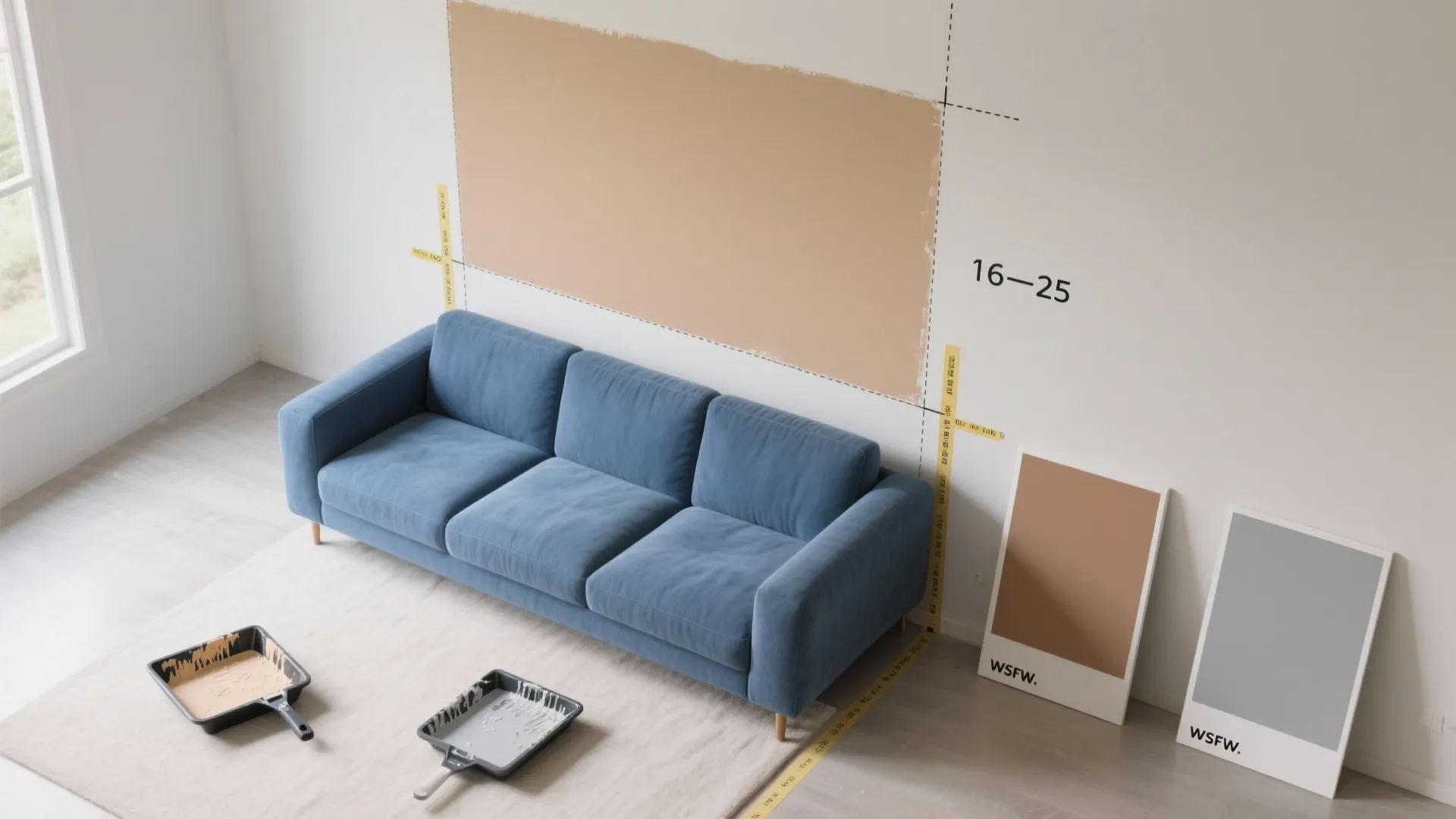 Blue sofa in living room with paint swatches and a rectangular tan wall paint sample