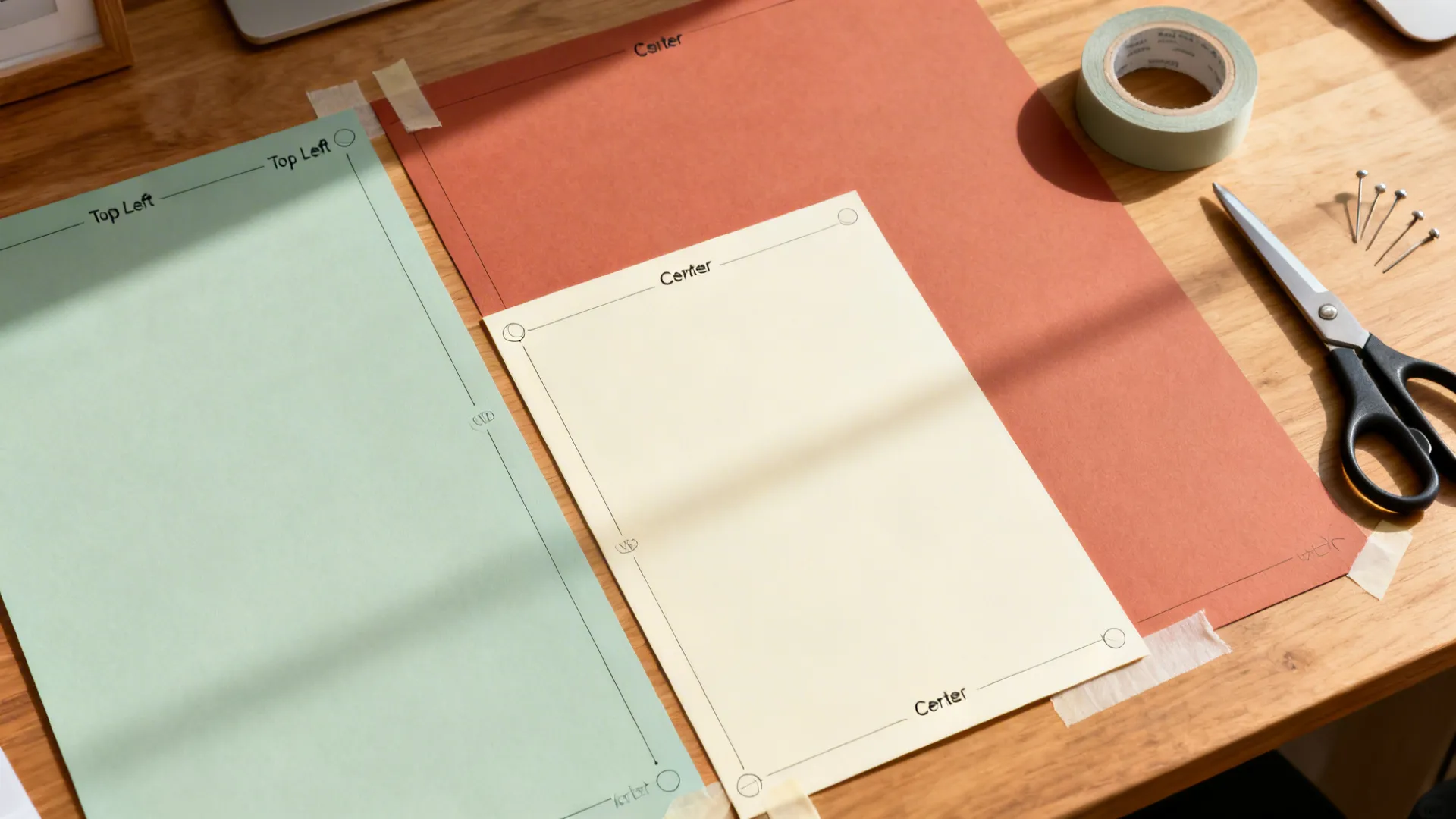 Colored paper sheets on wood table with scissors and tape for an interior design project
