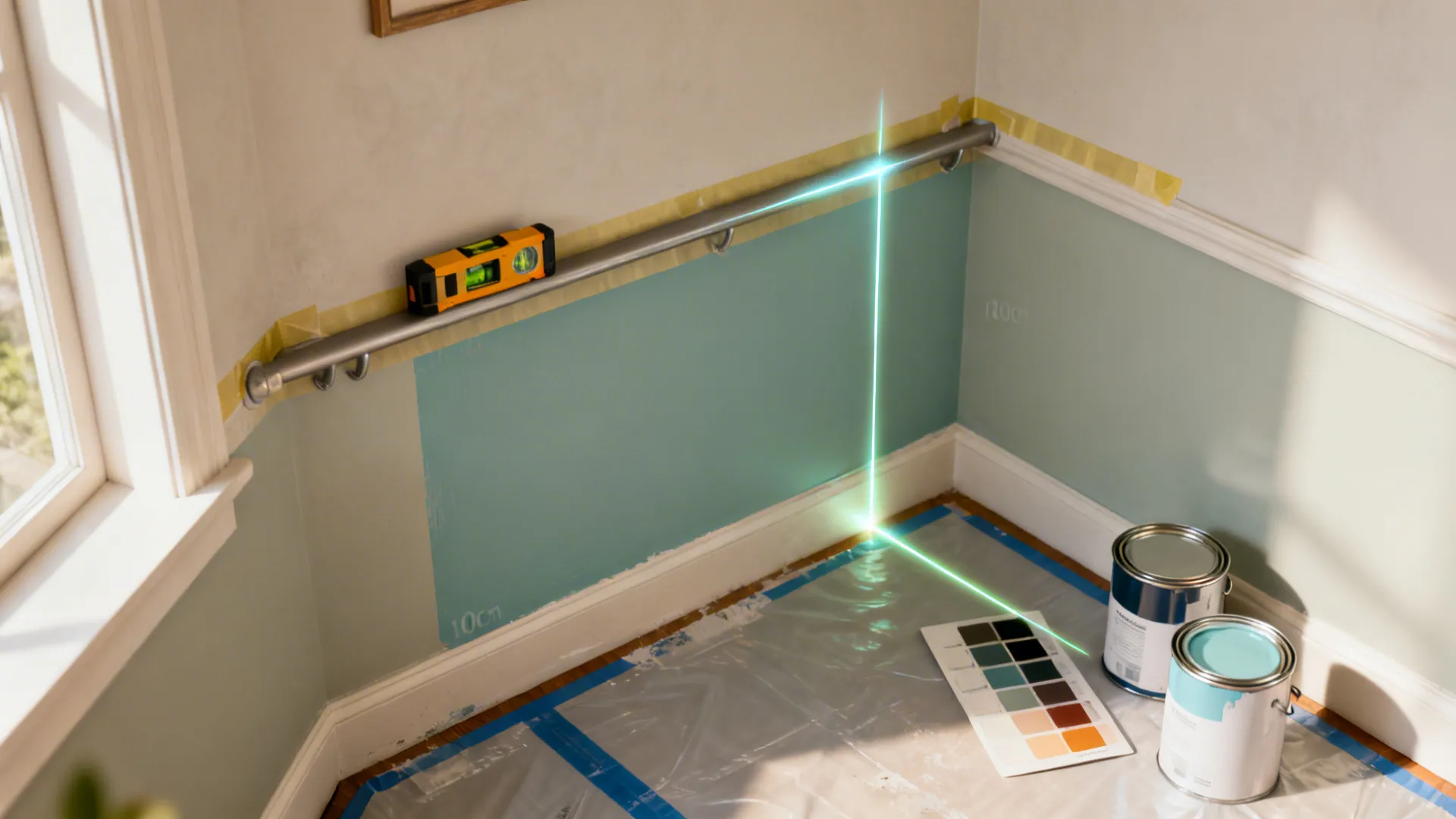 Top-down setup showing taped rail-height line and tools for a color-blocked wall.