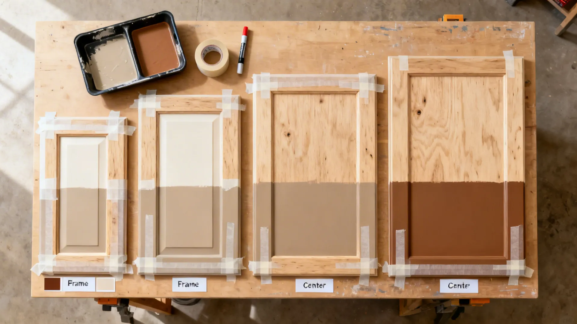 Idea 2: Two-tone plywood cabinets with color-blocked frames