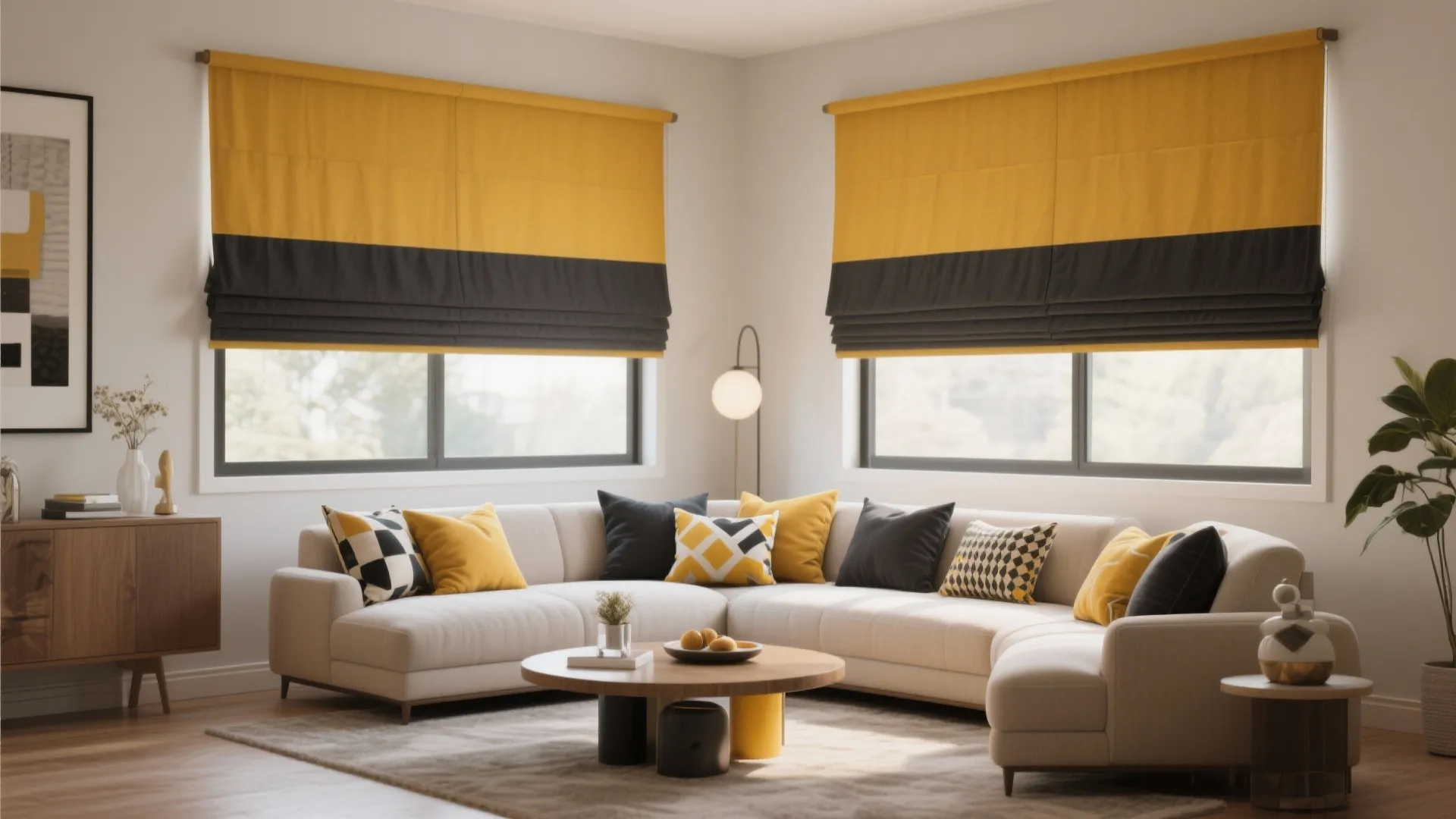 Mustard and charcoal color-block Roman shades in a stylish living room