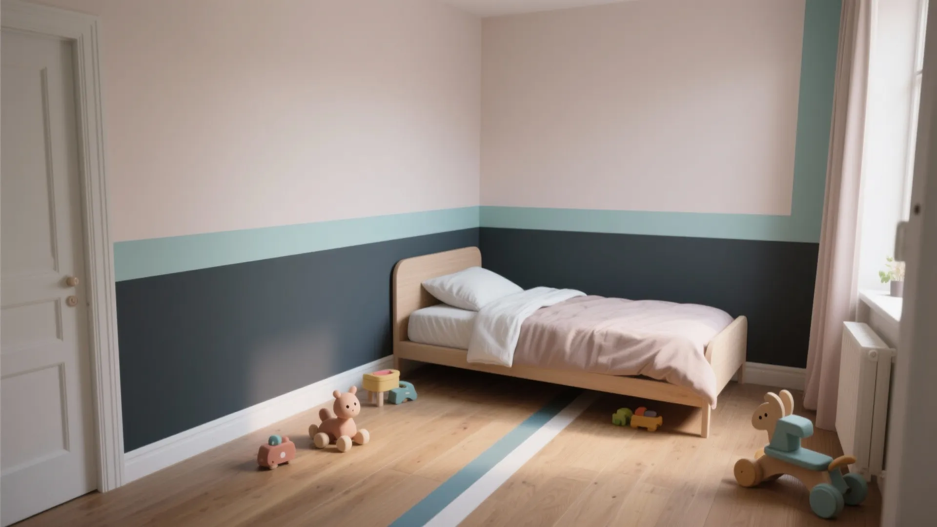 Bedroom with mid-height color blocking and contrasting painted trims in a child-friendly palette.