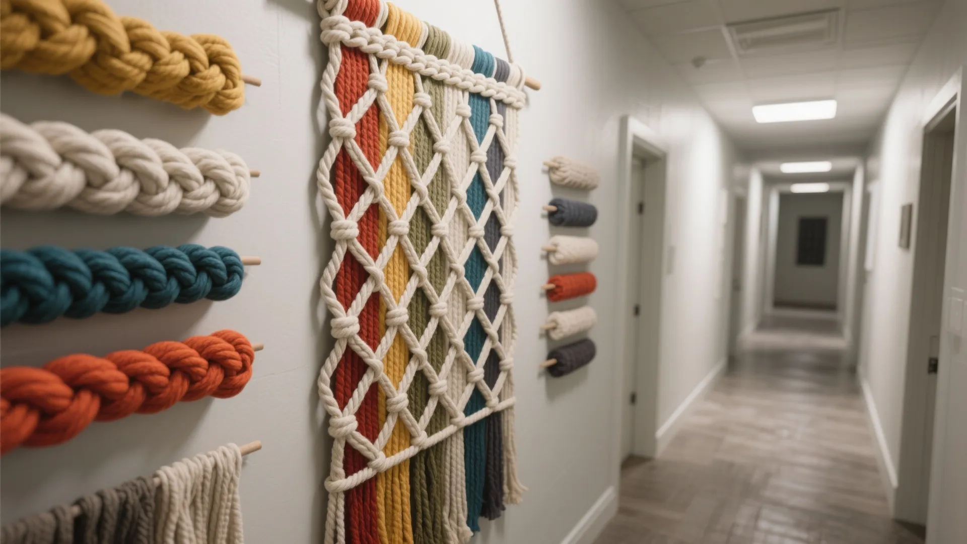 Colorful rope wall art hanging in a hallway with various colored rope samples on display