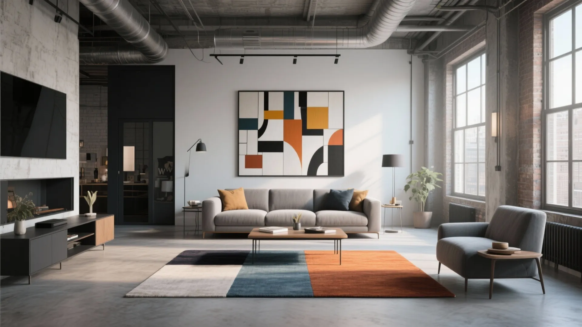 Modern industrial living room with grey sofa colorful rug geometric wall art and large brick windows