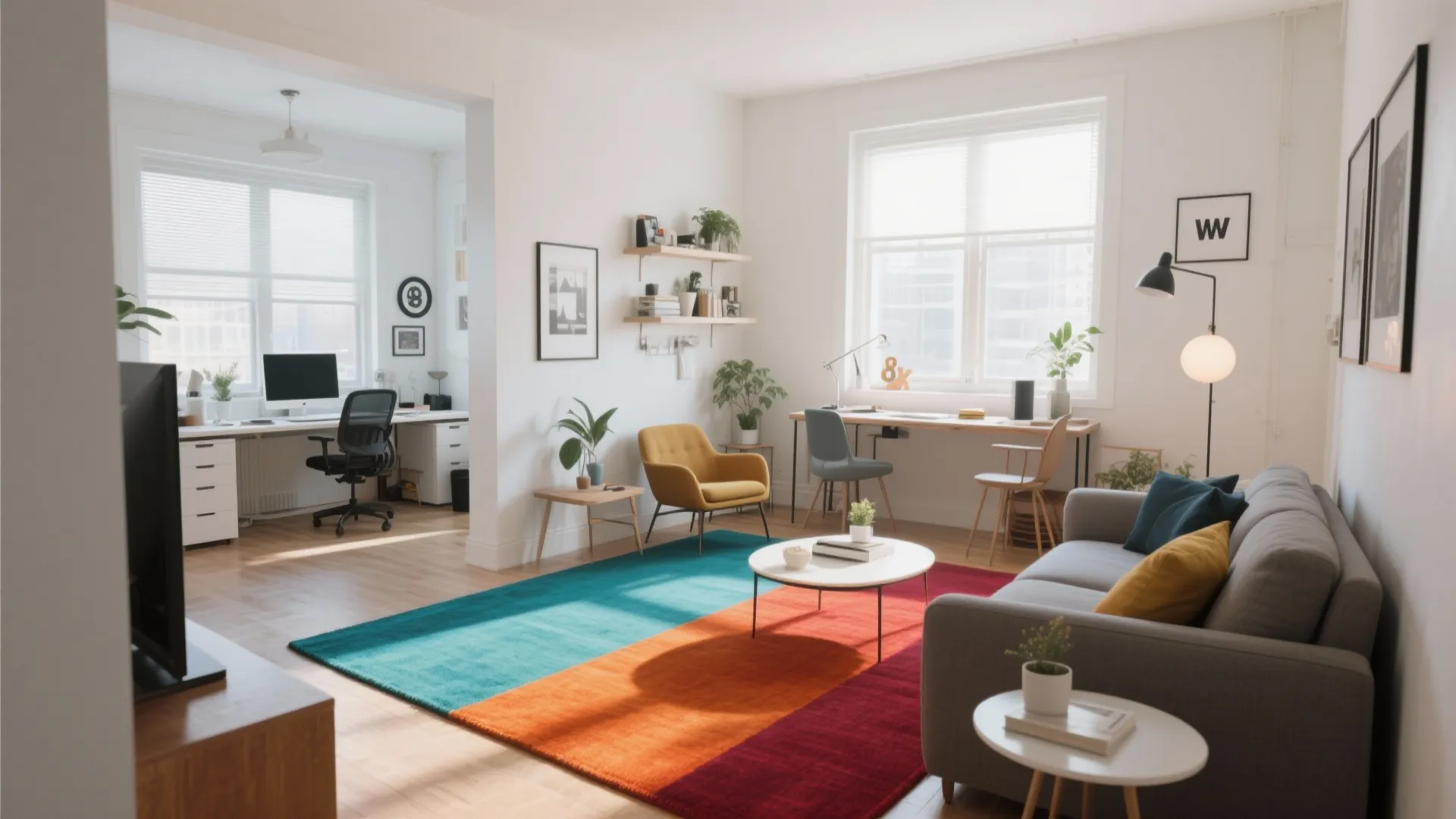 Modern apartment with colorful striped rug grey sofa yellow chair and home office workspace desk area
