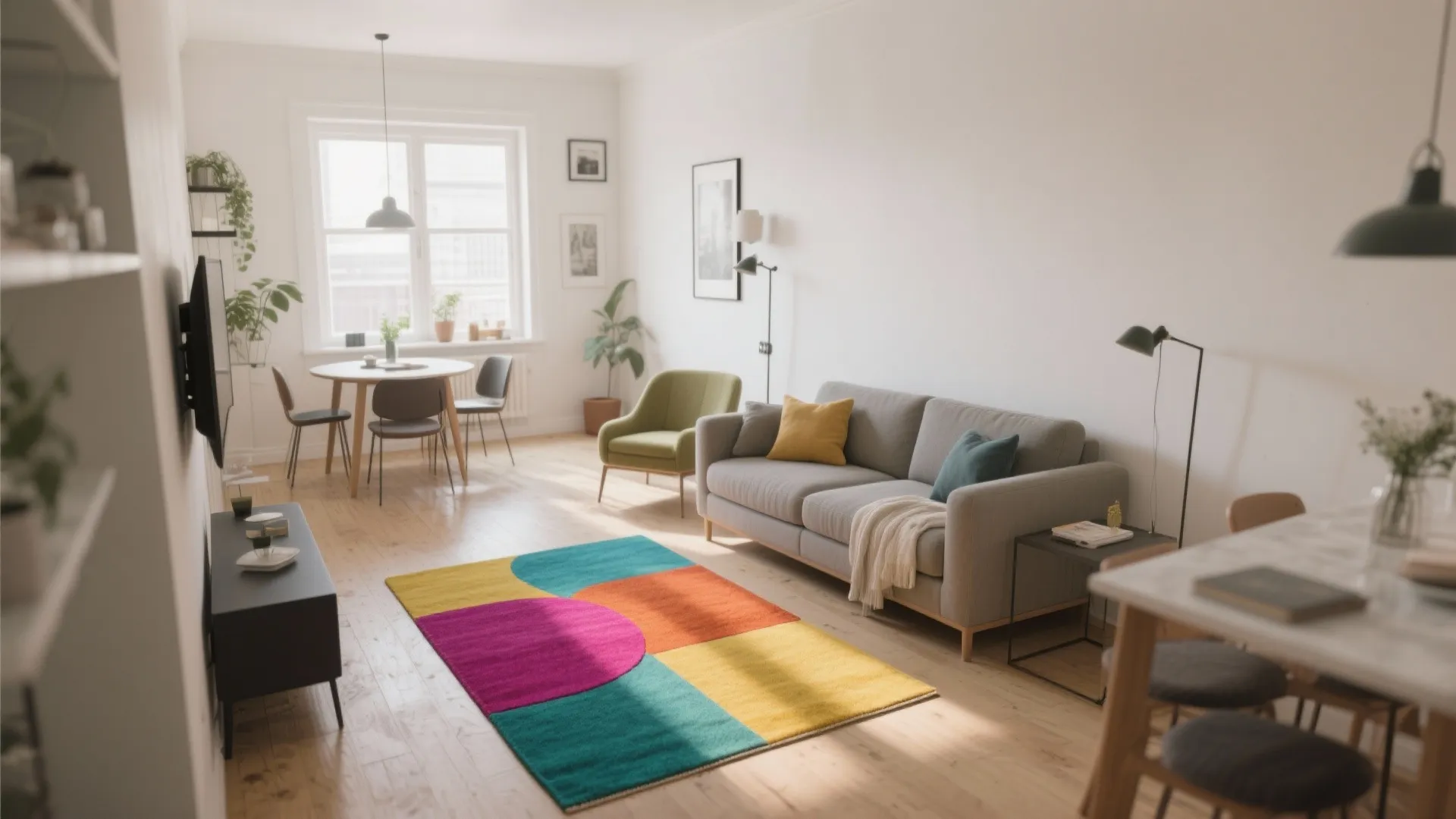 Living and dining area divided by a color-blocked rug