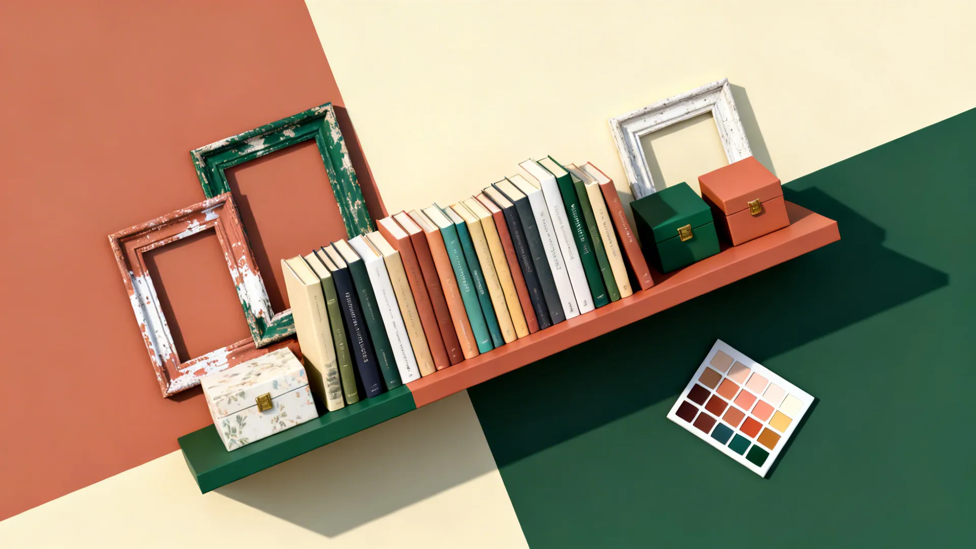 Top-down view of a color-blocked bookshelf shelf with grouped spines and matching spray-painted frames.