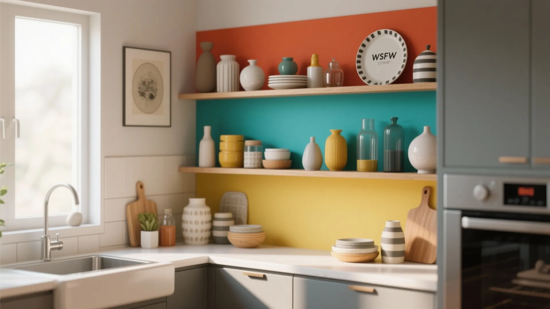Modern kitchen sink with wooden shelves against red teal and yellow color block wall design