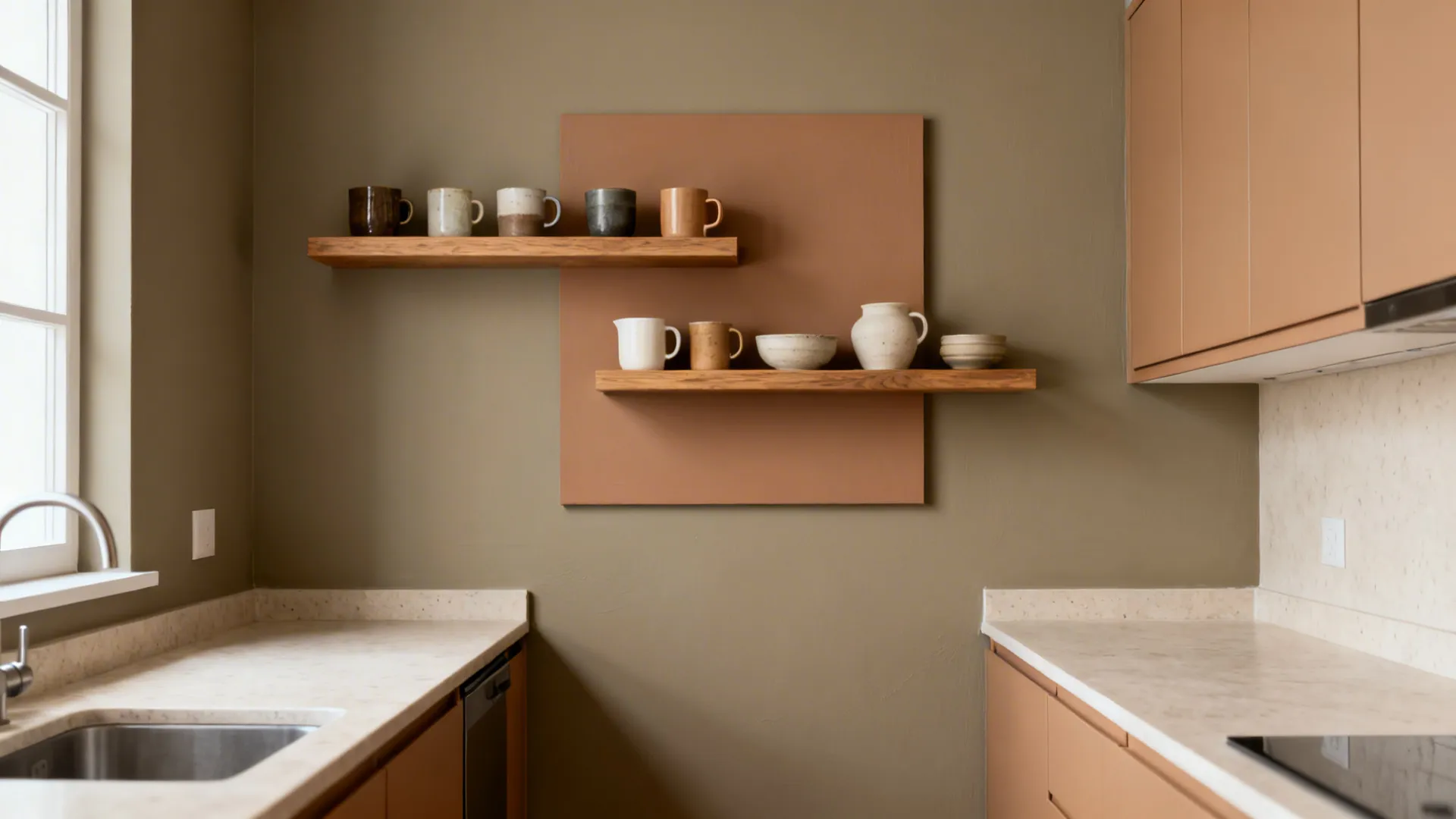 Clay color-block rectangle frames floating wood shelves in a compact greige kitchen.