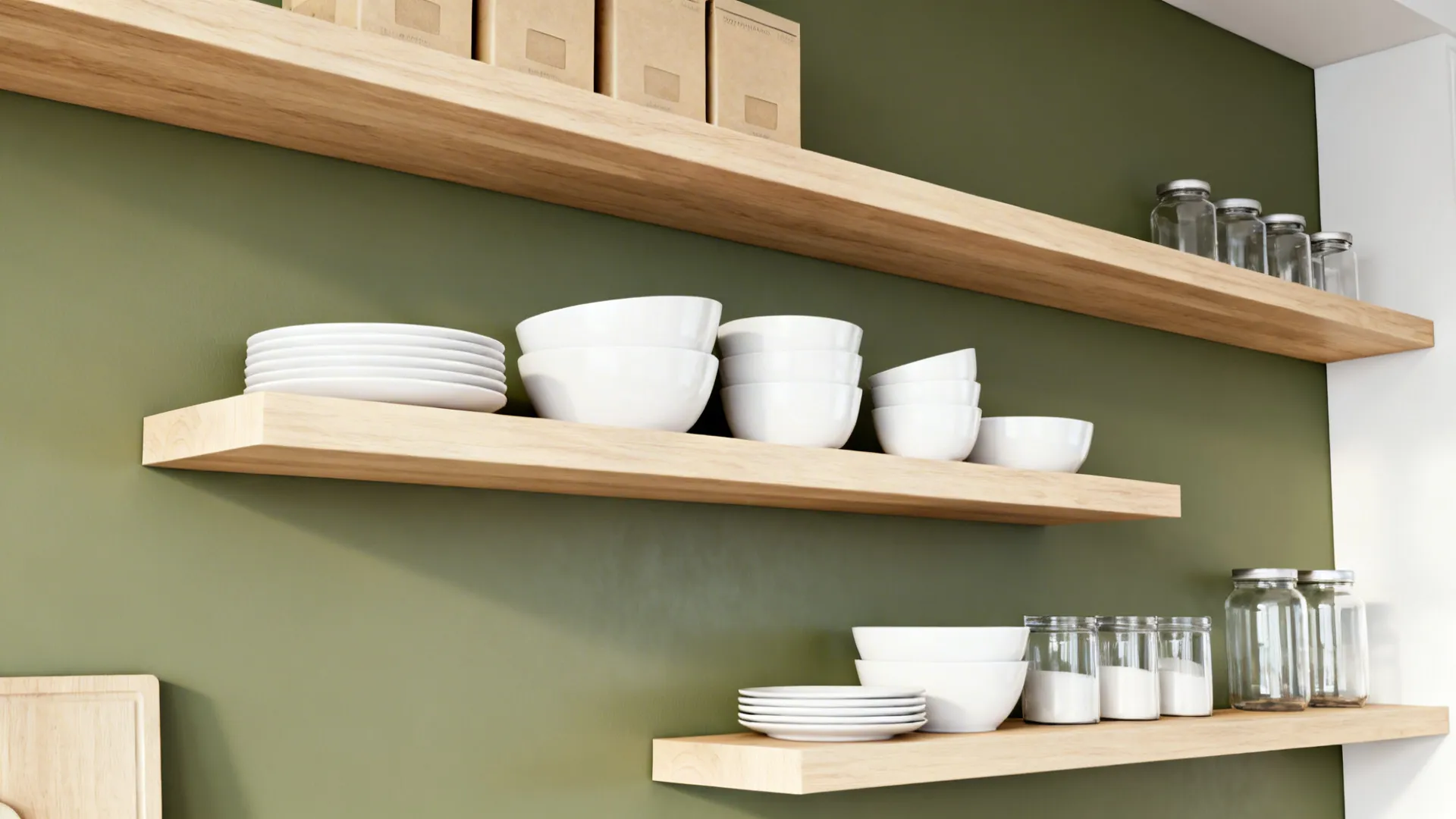 Pale oak shelves on a muted green wall showcasing white dishes and clear jars in a tidy composition.