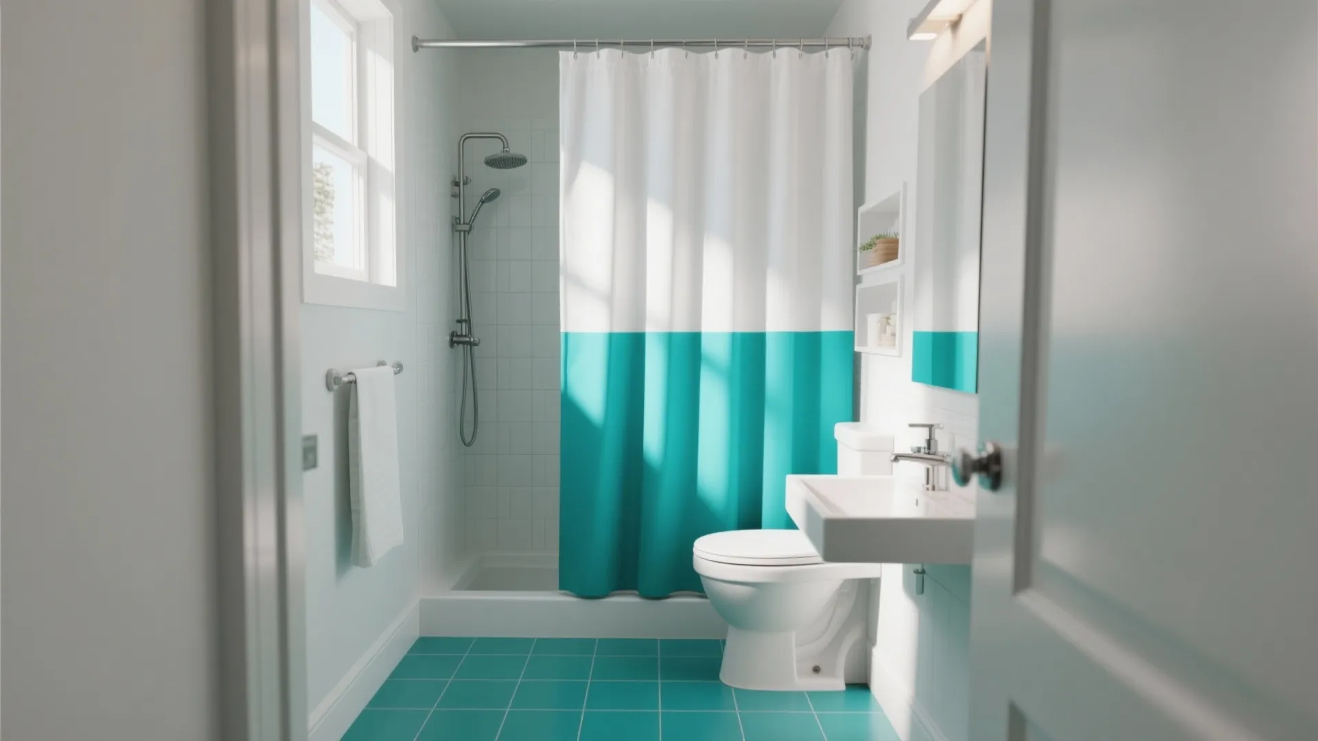 Small bathroom with white and teal shower curtain white toilet sink and teal tiled floor