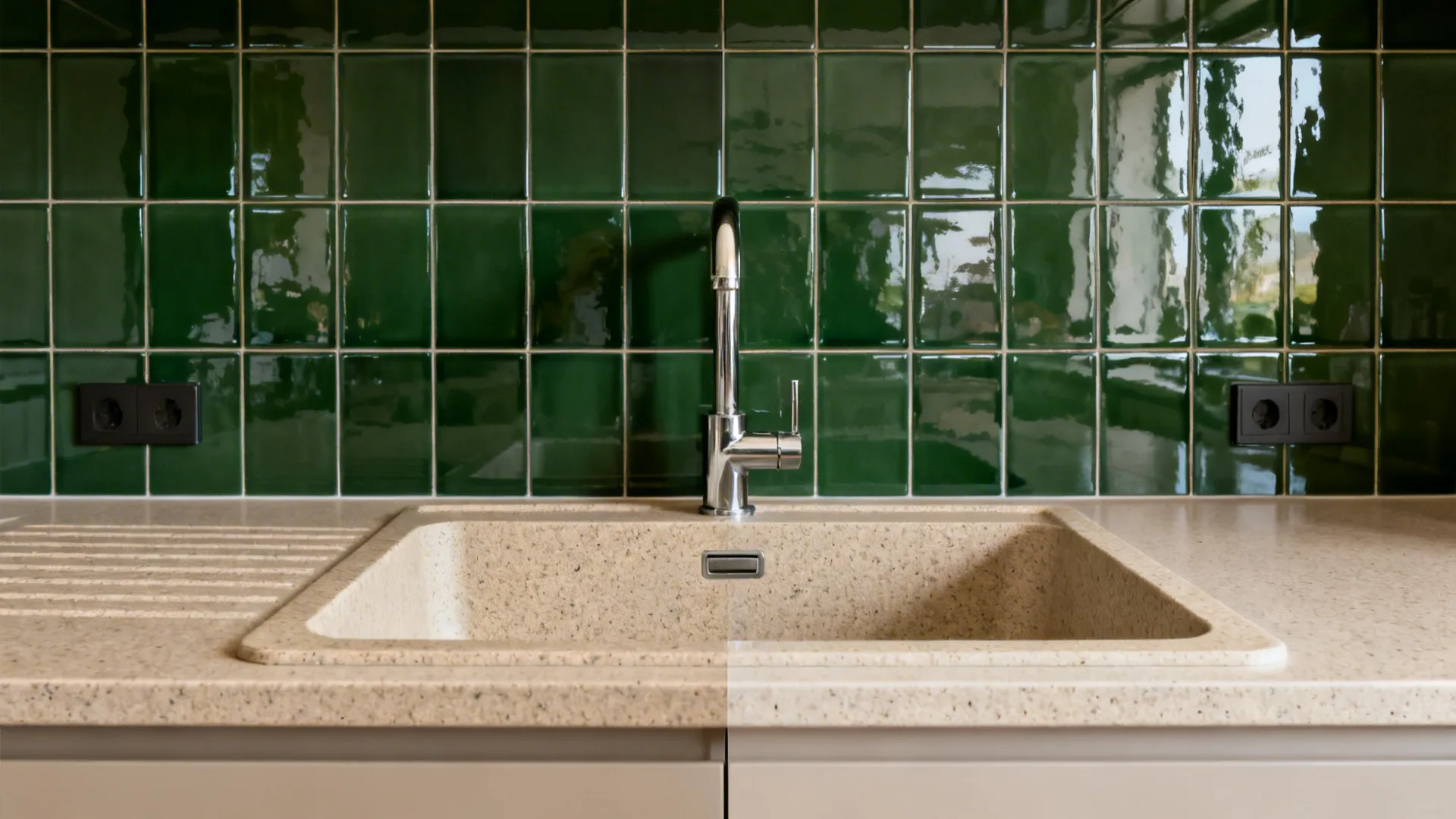 Light taupe granite sink contrasted with deep green glossy tile backsplash for a bold focal point.