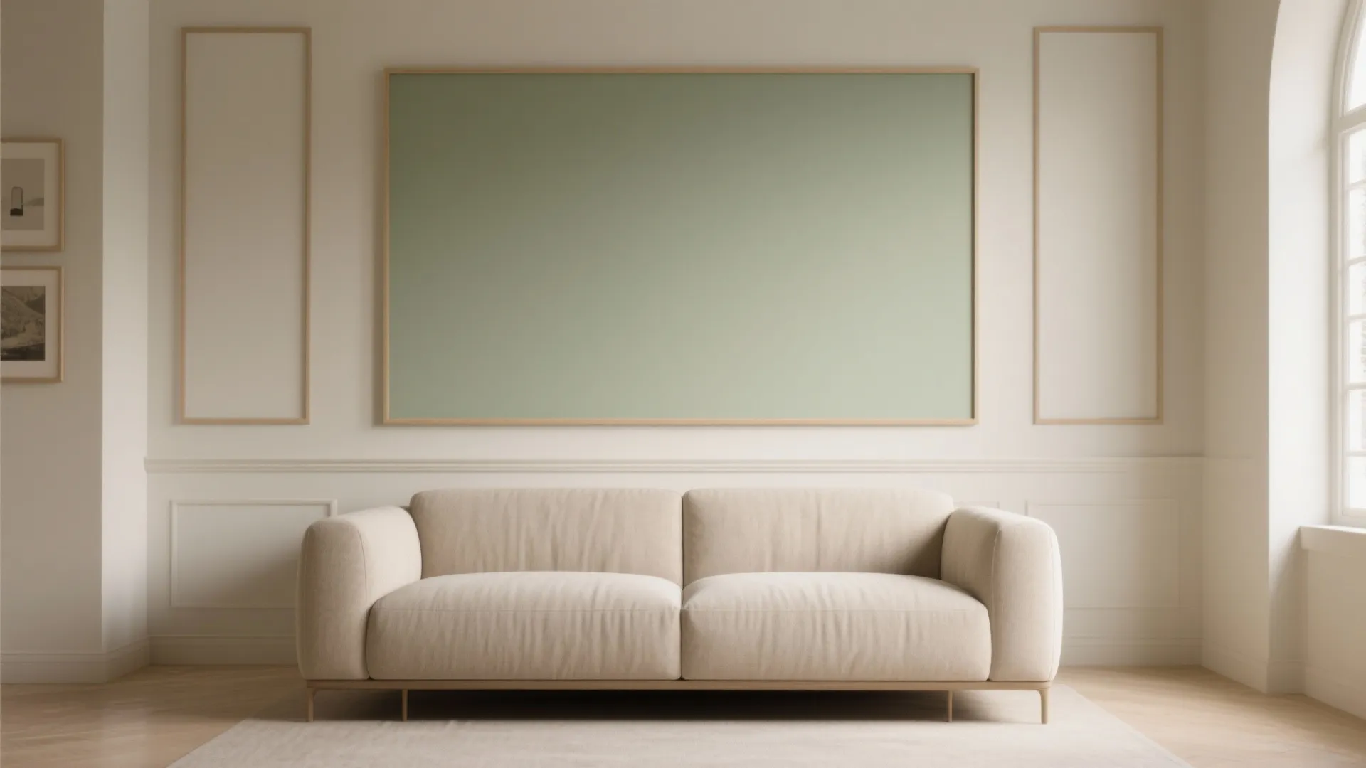 Beige sofa placed under a large green wall panel in a bright minimalist living room