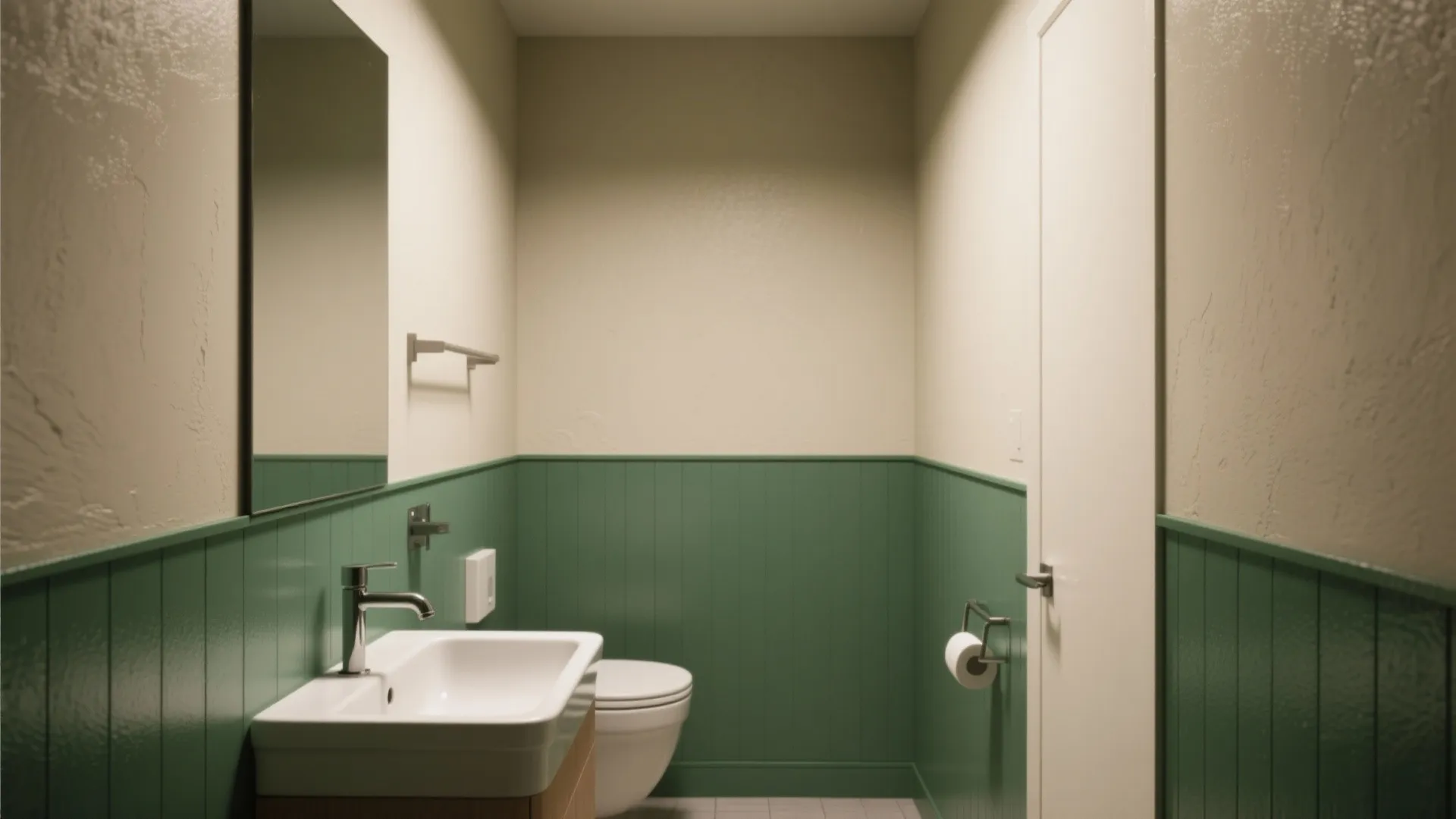 Modern bathroom with green wall panel white sink toilet mirror and light beige upper wall