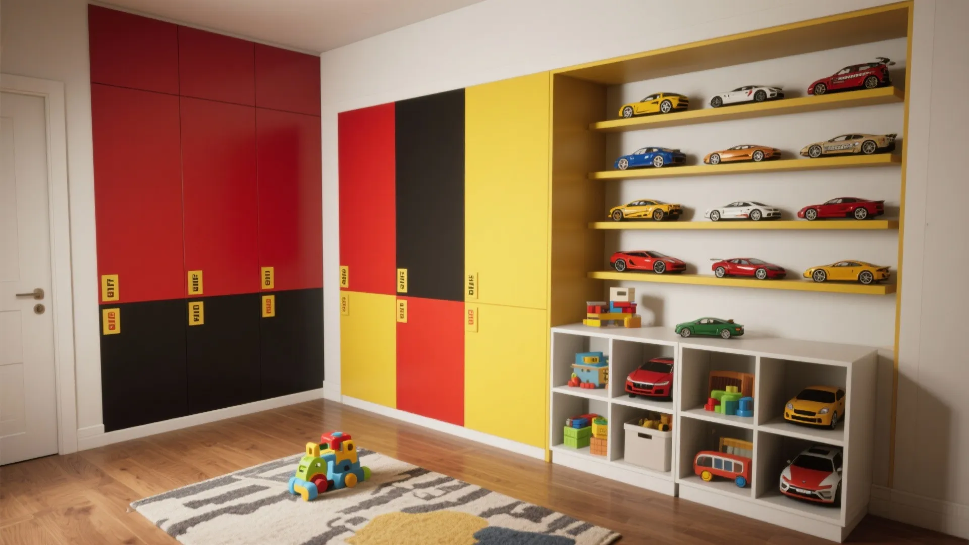 3. Color-blocked storage and a display nook