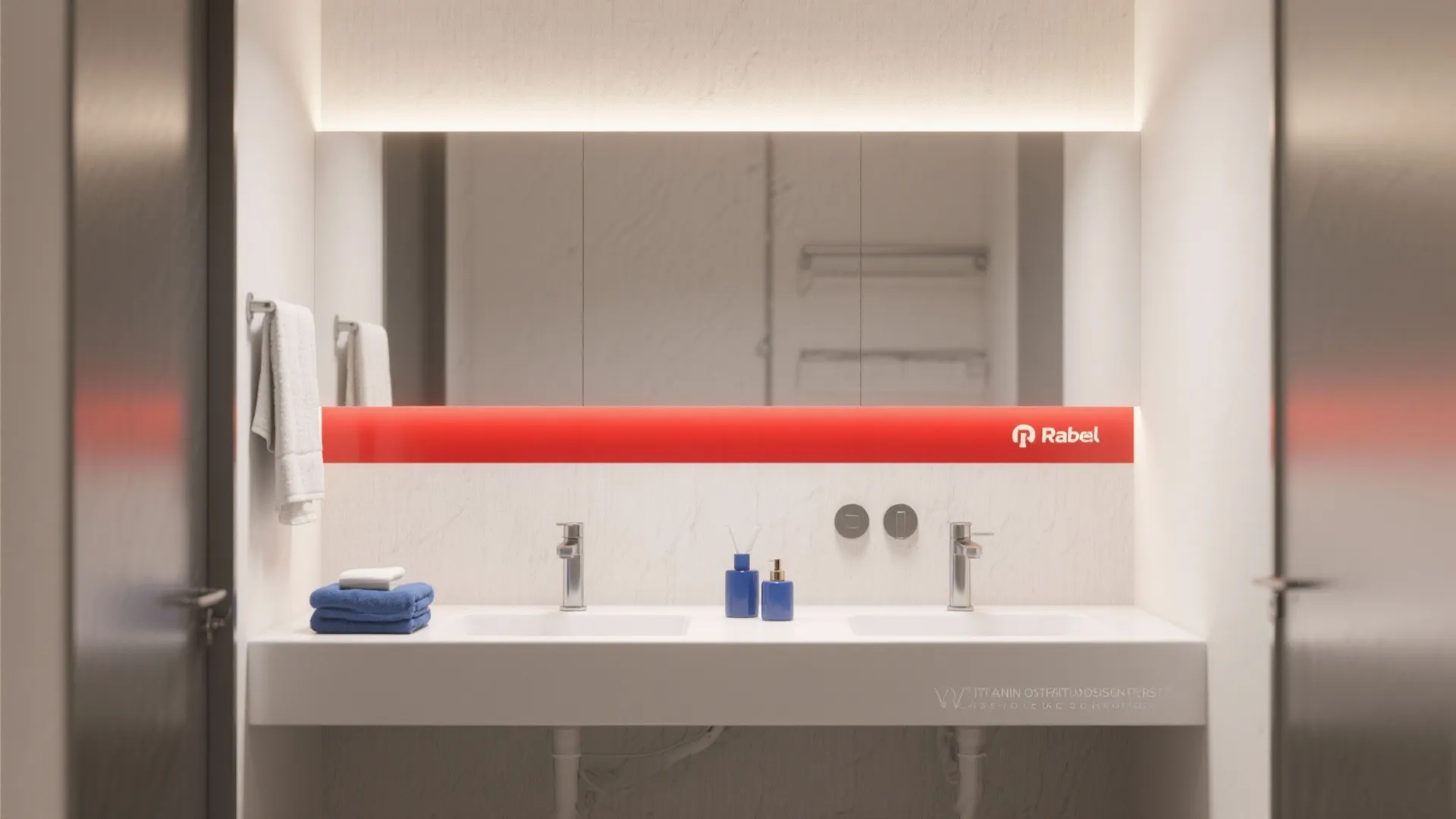 Bathroom vanity wall with a single lightsaber-red accent stripe against a neutral background and minimal accessories.