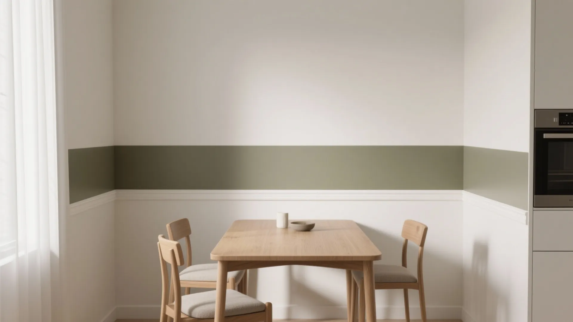 Wooden dining table and chairs against white walls with green stripe and white wall panel
