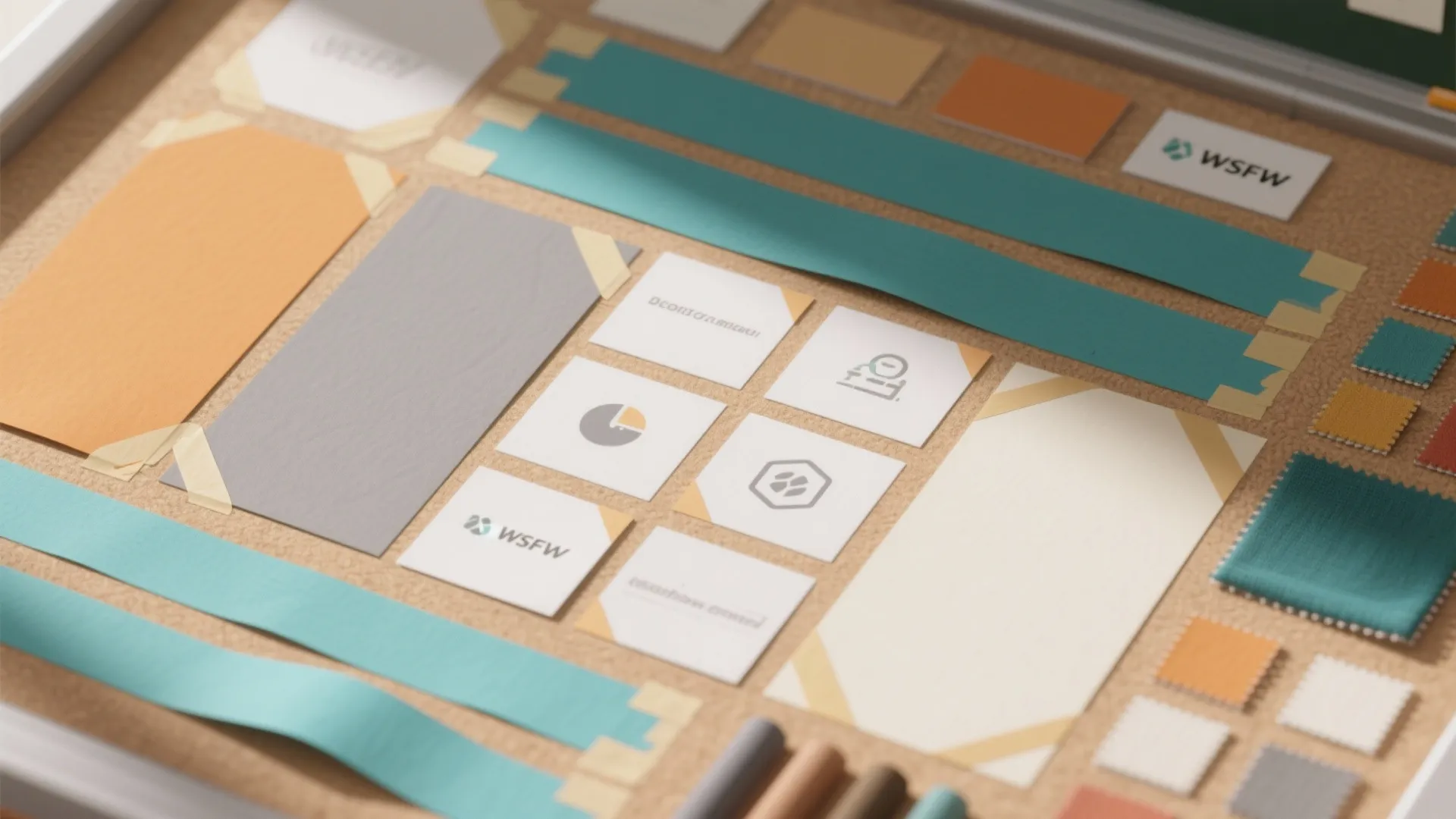 Cork board with colorful paper samples and teal strips used for interior design material planning
