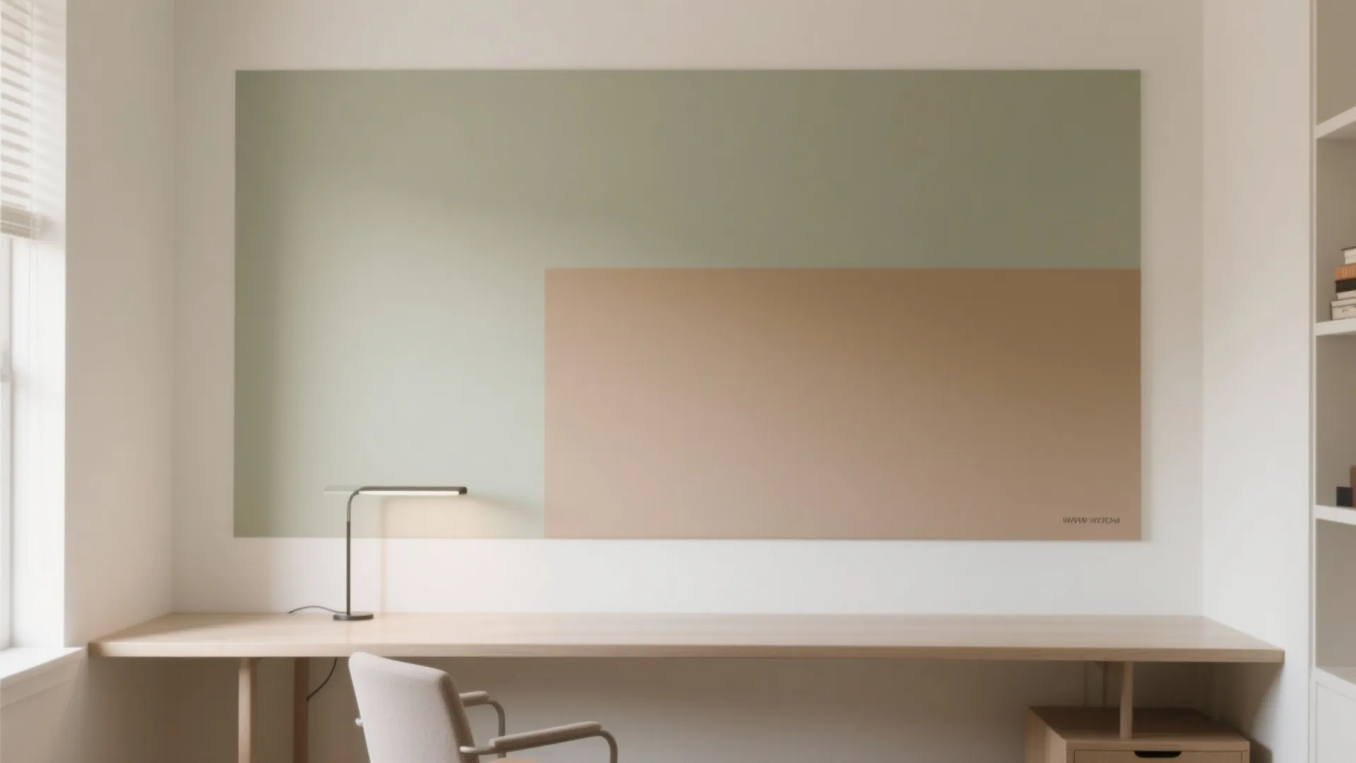 Modern study with long wood desk, desk lamp, and a large green and tan mural