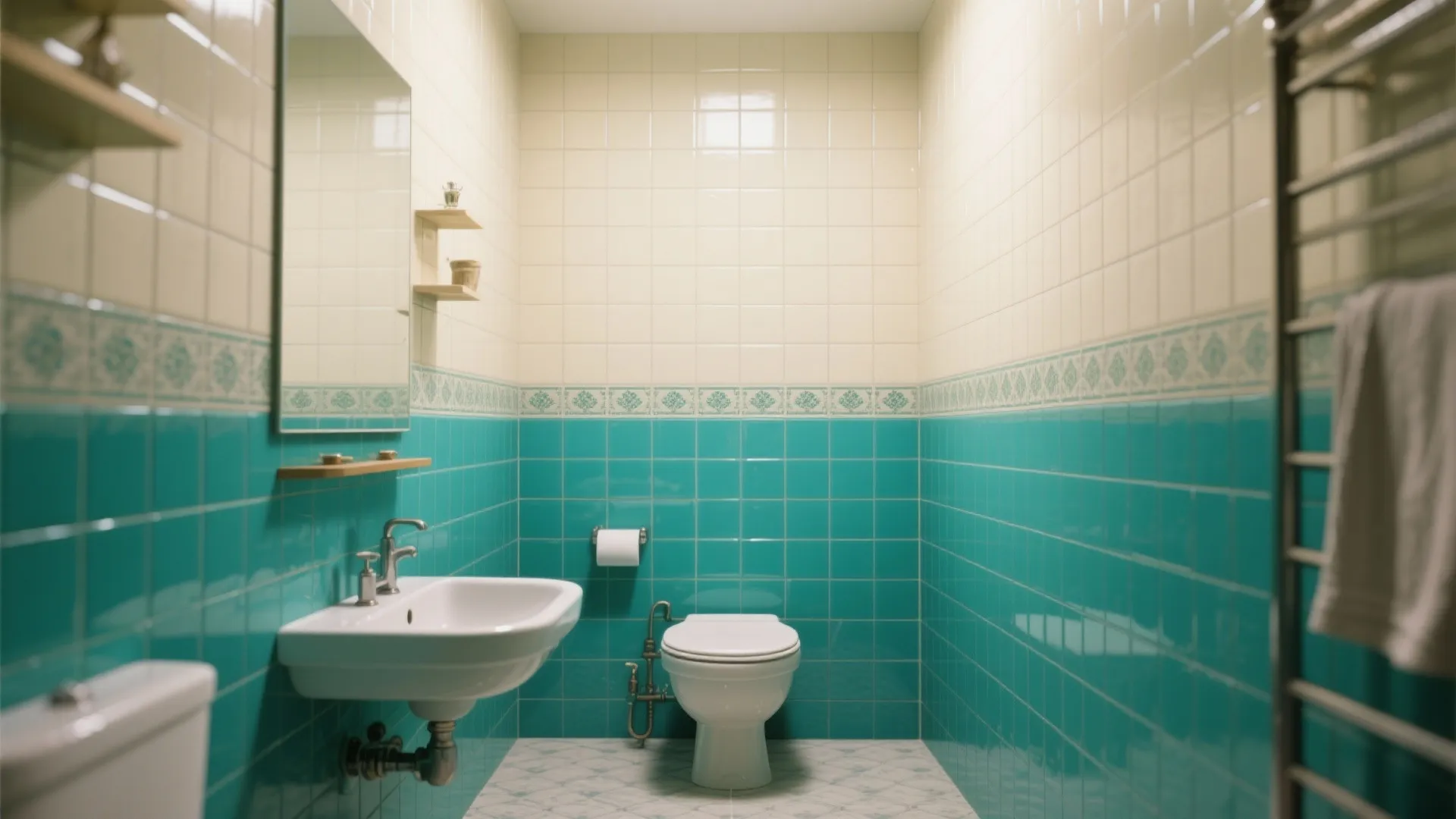 Small bathroom with teal and cream wall tiles white sink toilet and a simple wall mirror