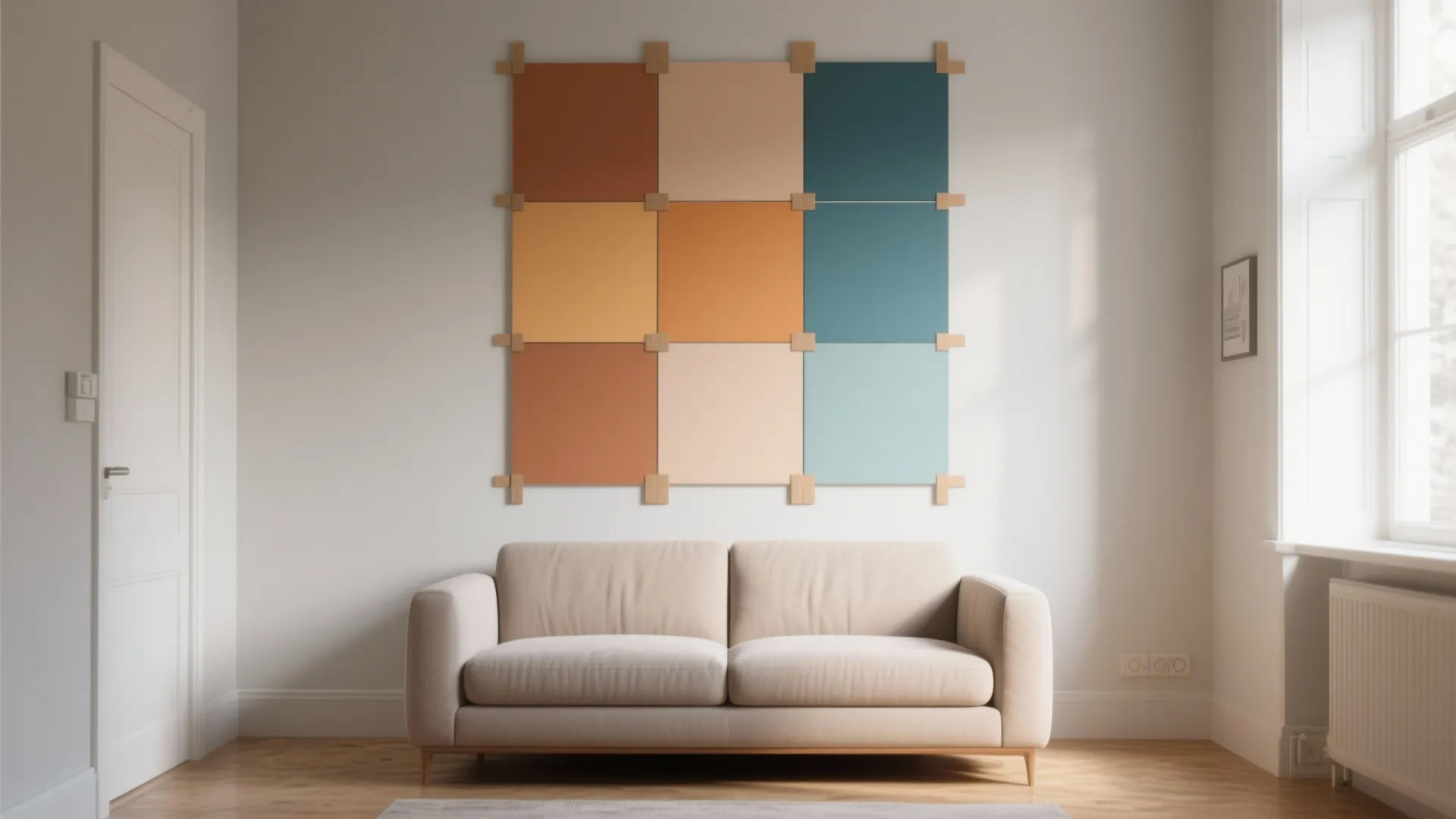 Modern living room featuring a beige sofa and a grid of colorful square wall art
