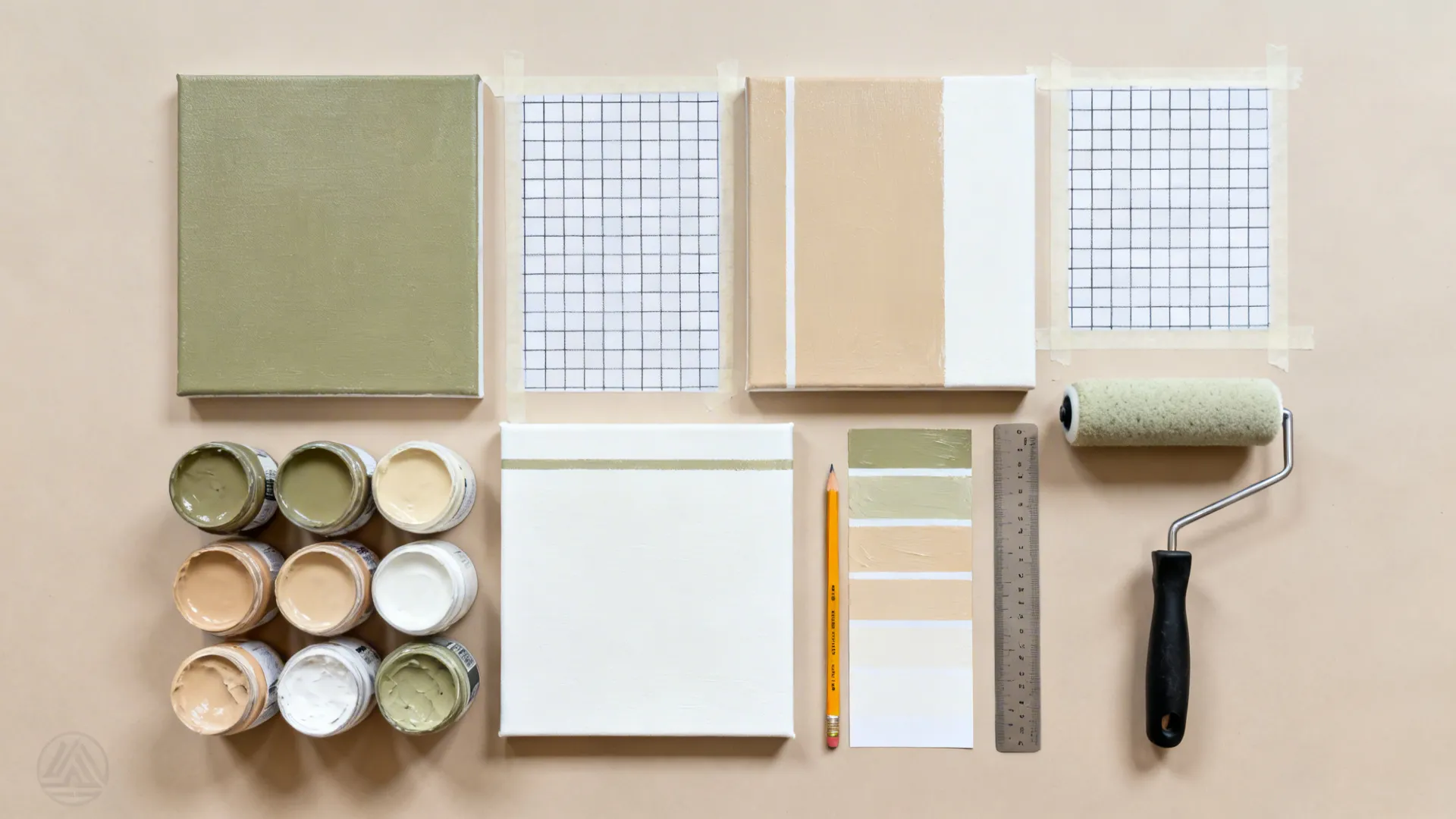 Top-down layout of canvases, tape, foam roller, and muted paints for panels.