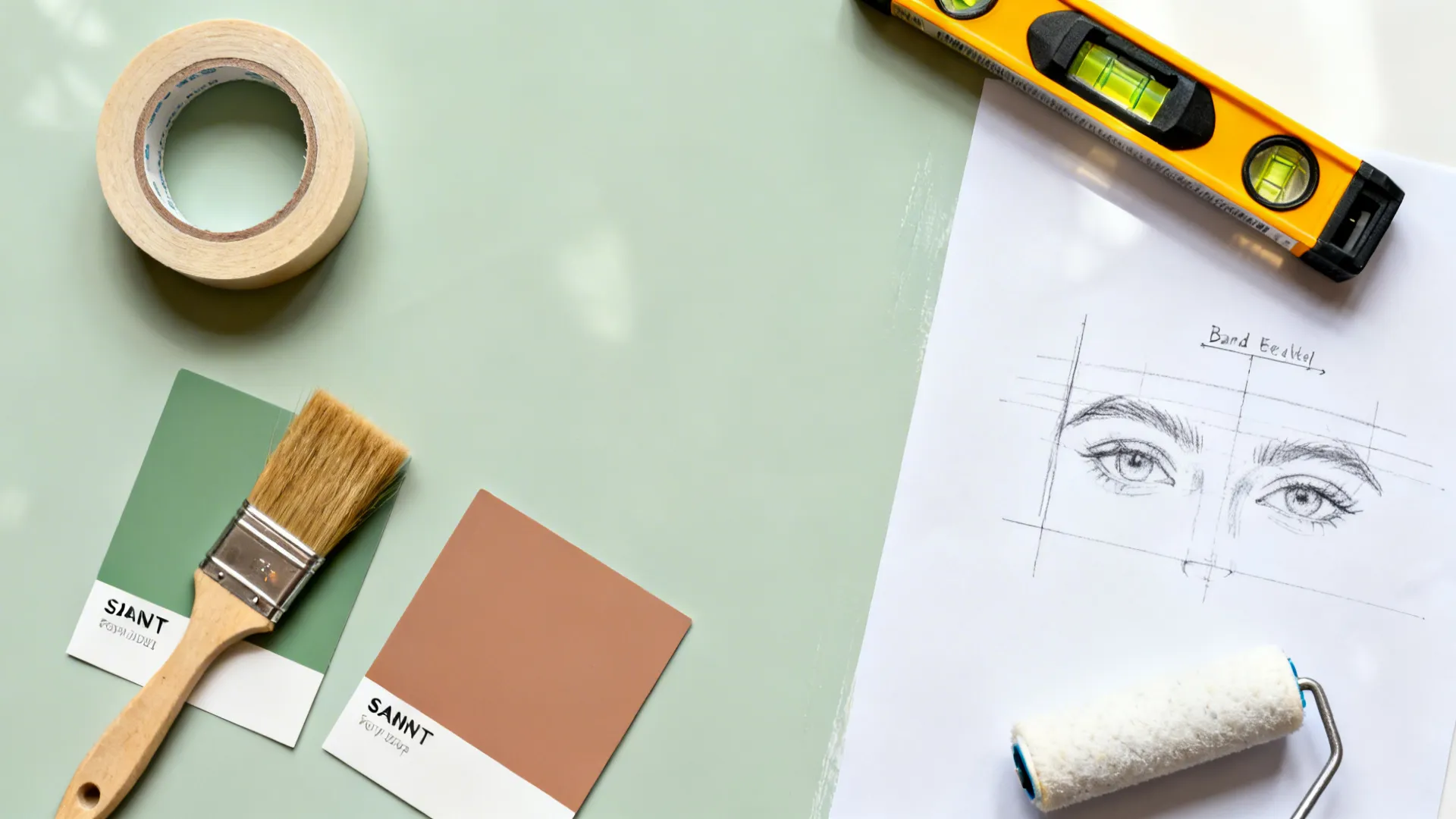Top-down flat lay of painter’s tape, laser level, brushes, rollers, and green and clay paint samples.