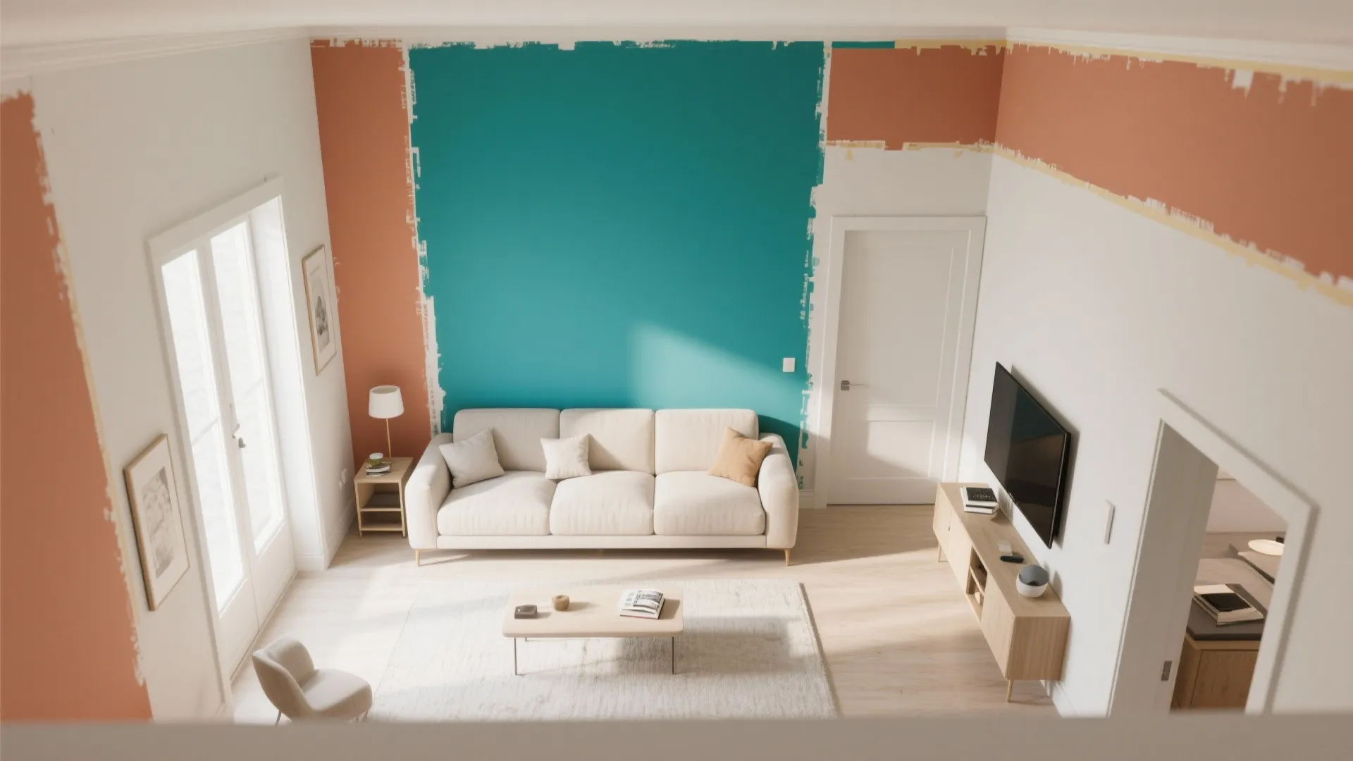 Top view of living room showing teal and orange paint on walls with sofa and television