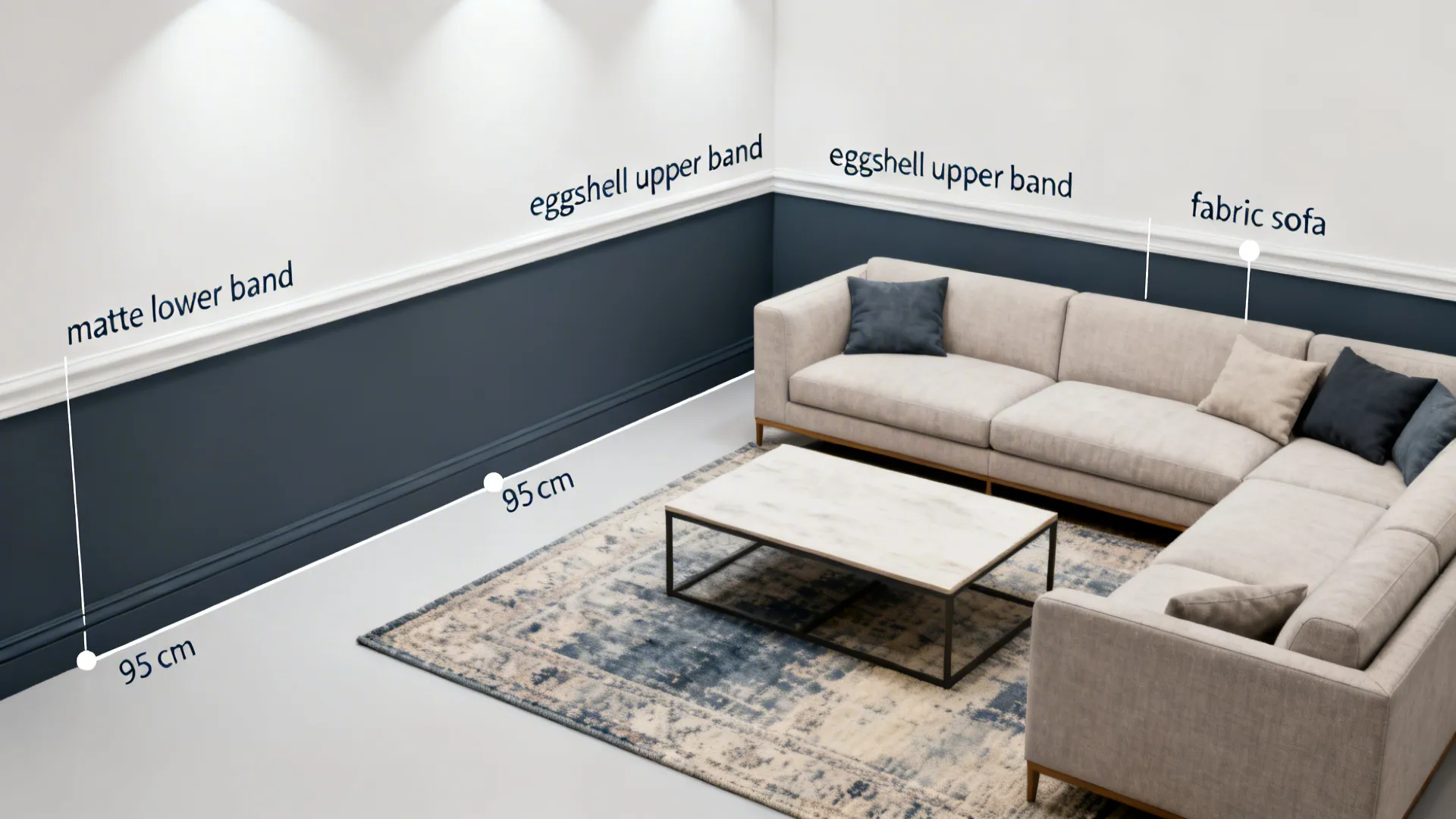 Top-down view aligning two-tone wall bands with an L-shaped seating plan.