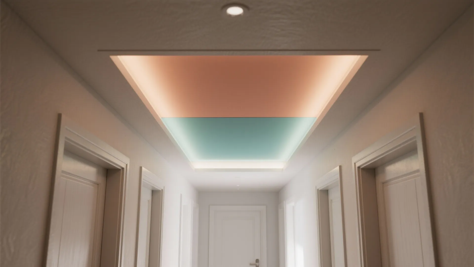 Modern white hallway with doors showing a recessed ceiling light with orange and blue blocks