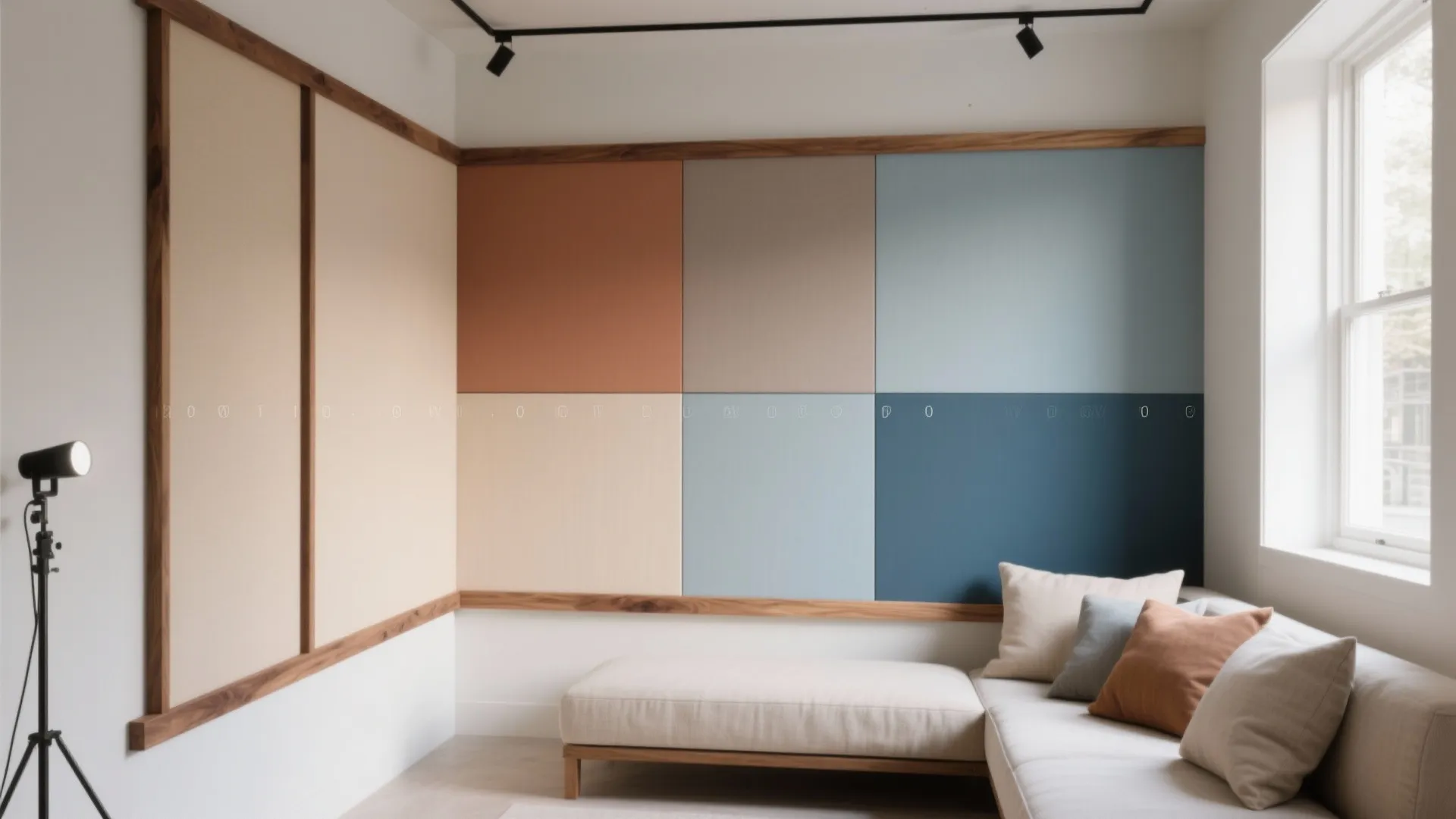 Color-block print panels with warm wood trims