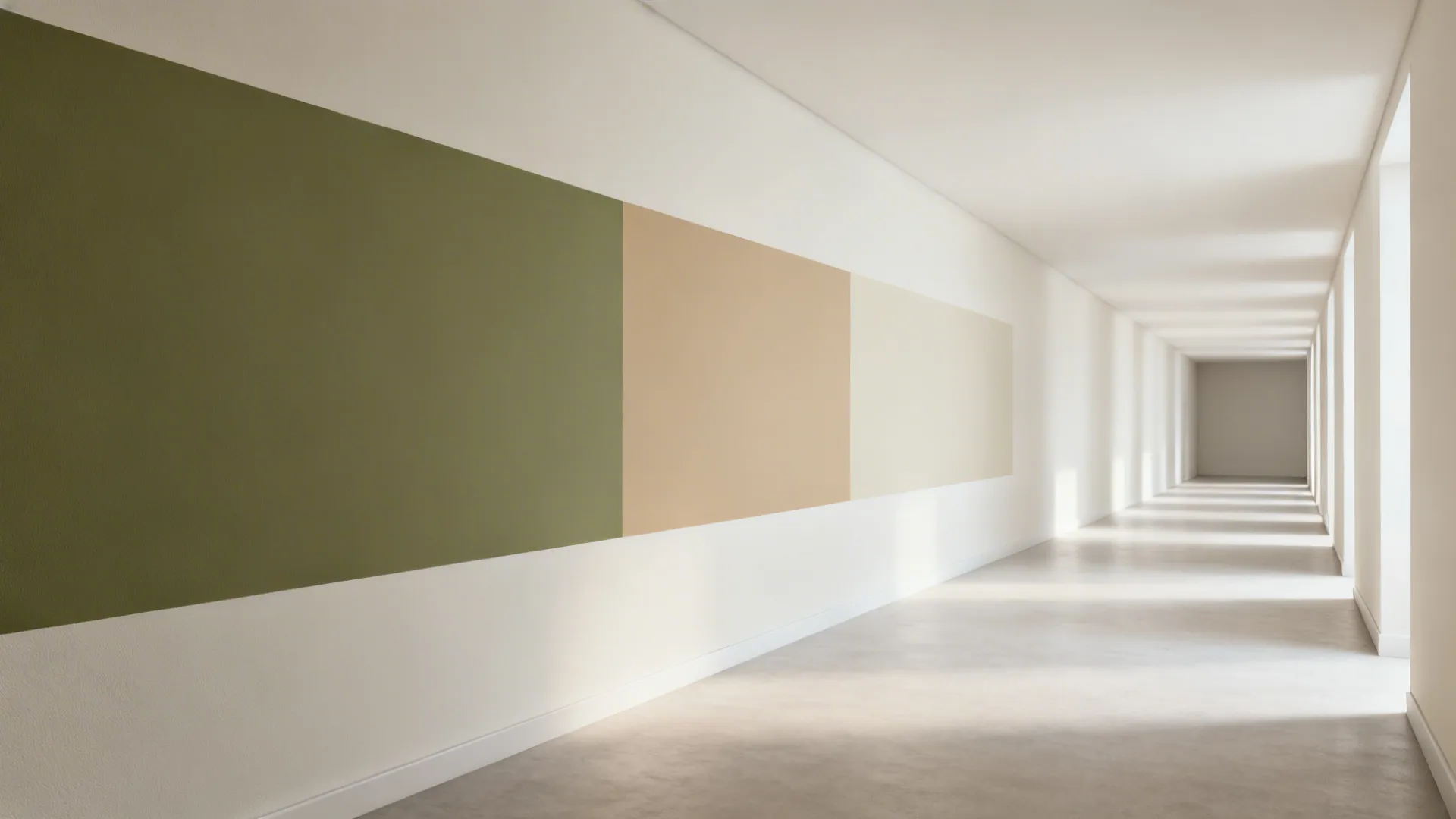 Muted olive, sand, and off-white triptych evenly spaced in a modern hallway.
