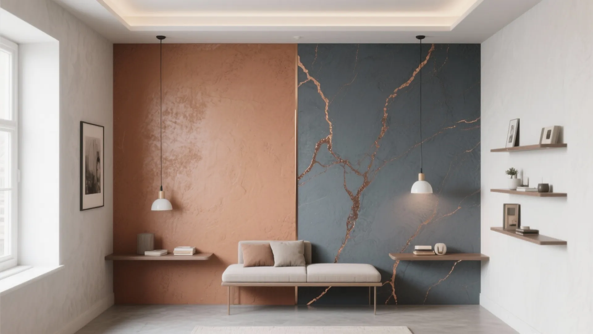 Modern room with orange and blue textured wall, small sofa, and two white hanging lights