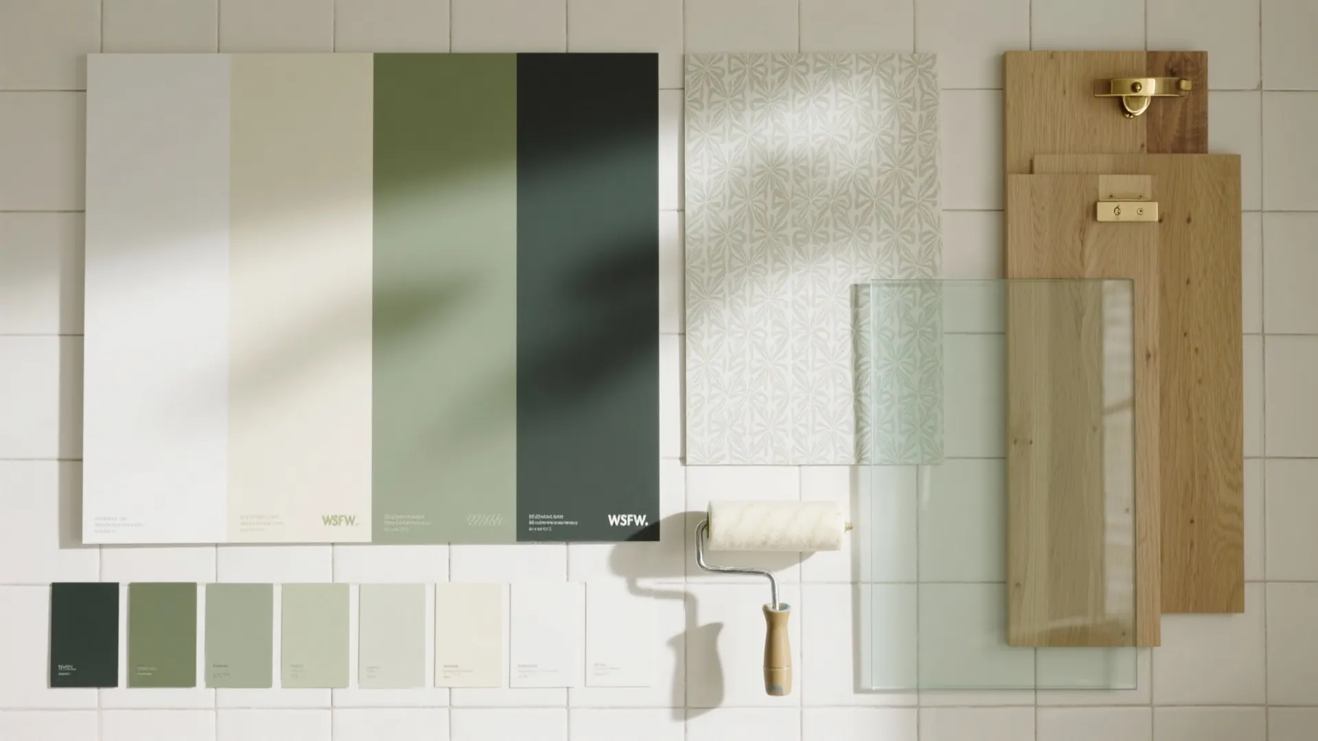 Top-down flat lay of paint and washable wallpaper samples with low-iron glass, painter’s tape, and a mini roller