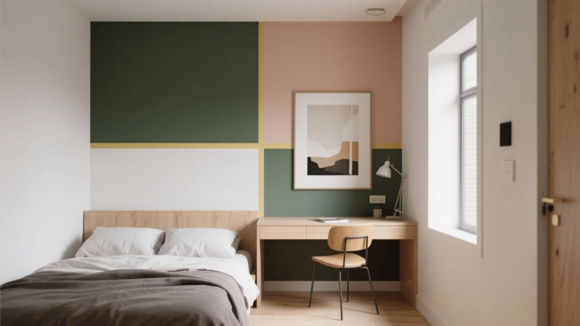 Modern bedroom featuring a green and pink color block wall with wooden desk and bed