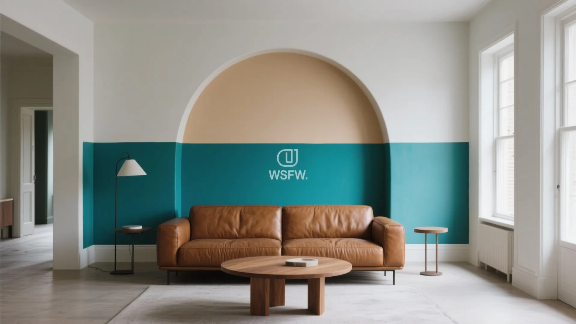 Living room big wall design with a deep teal band and a soft painted arch behind the sofa, featuring crisp edges.