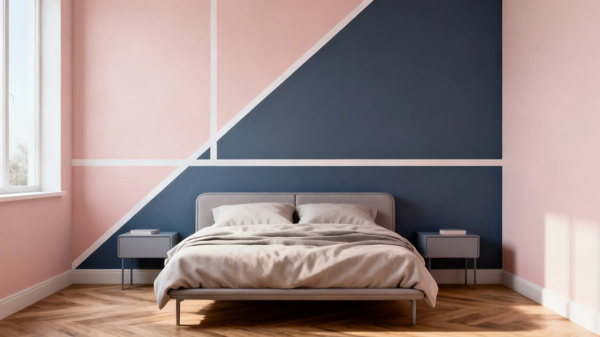 Small bedroom with pastel blush and slate blue geometric accent wall.