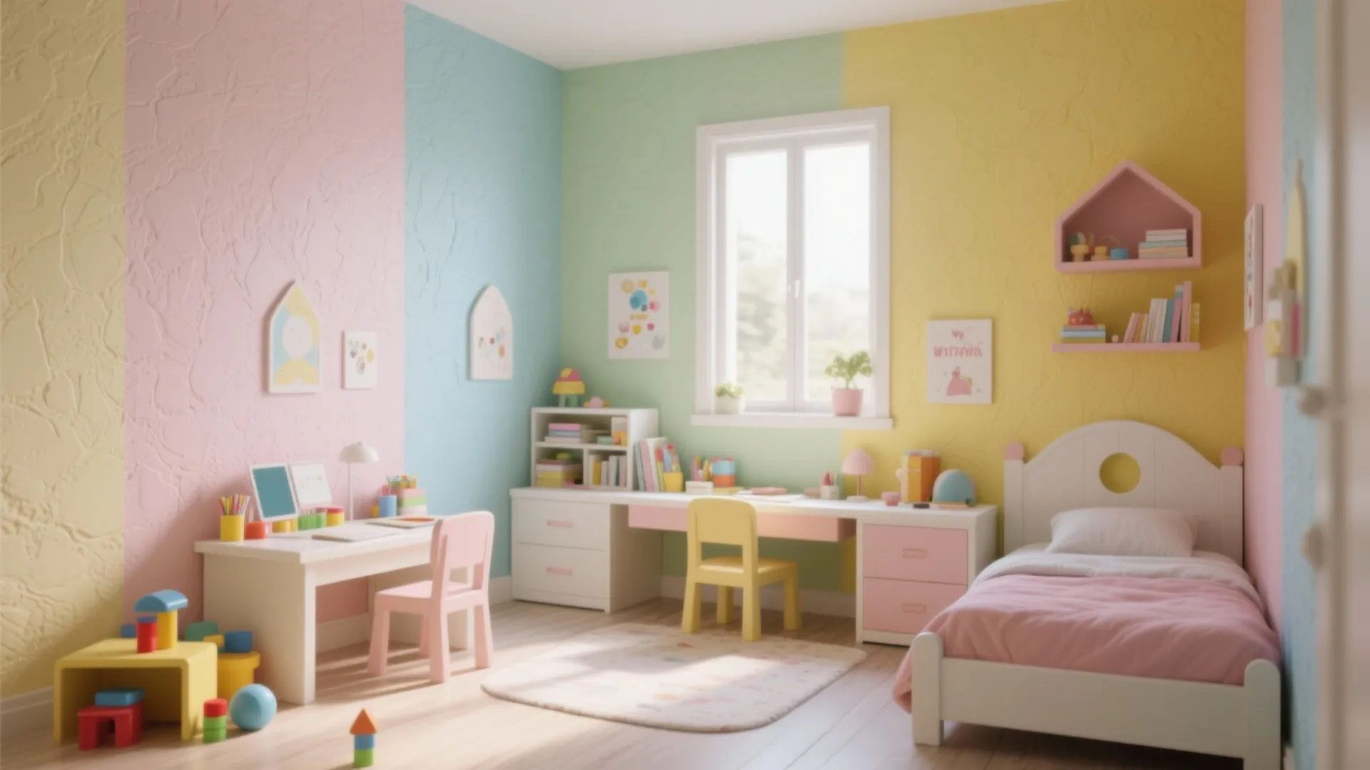 Pastel and bright color-block walls in a small kids room