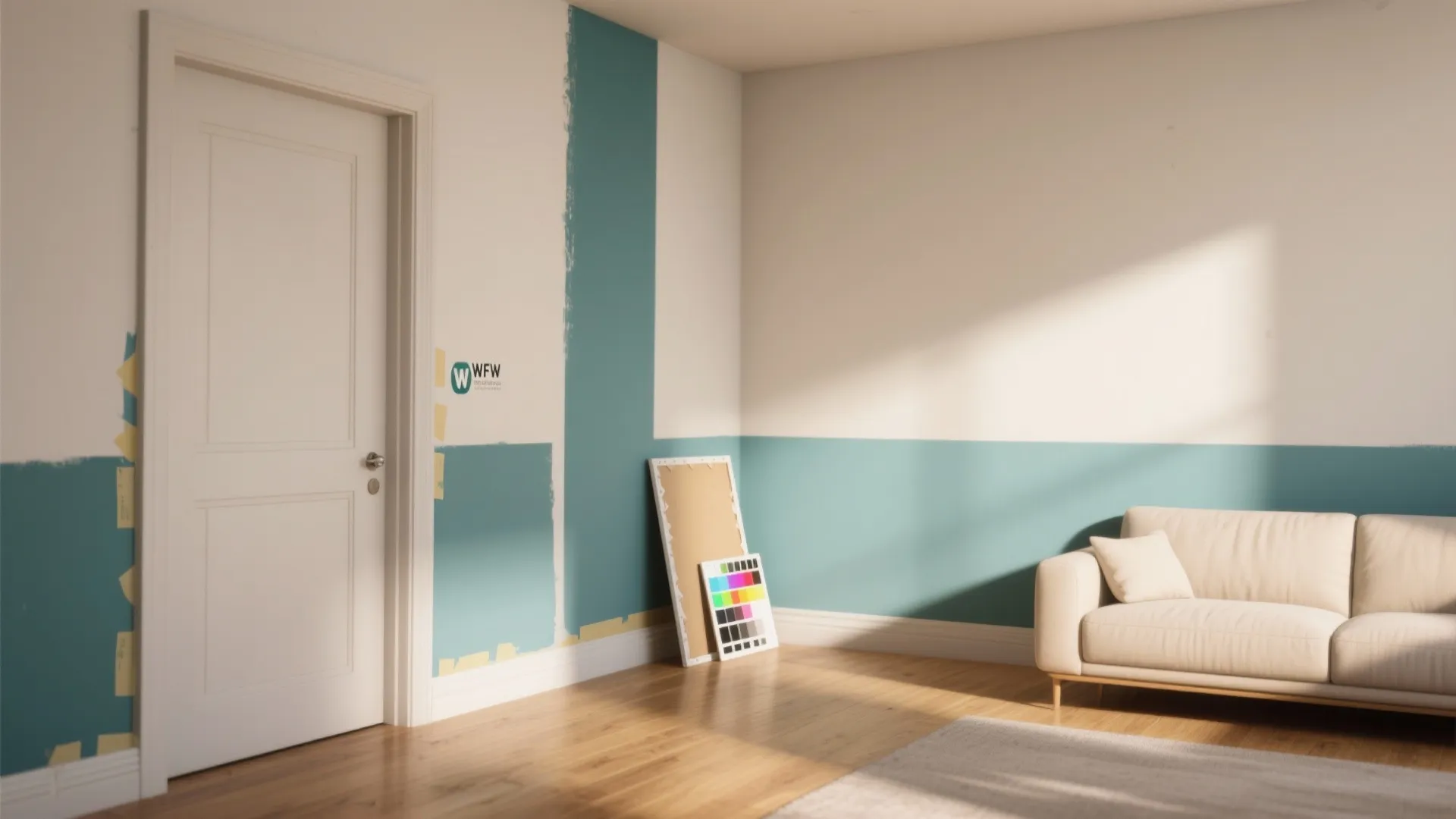 White room with wooden floor showing blue paint blocks on wall next to a door