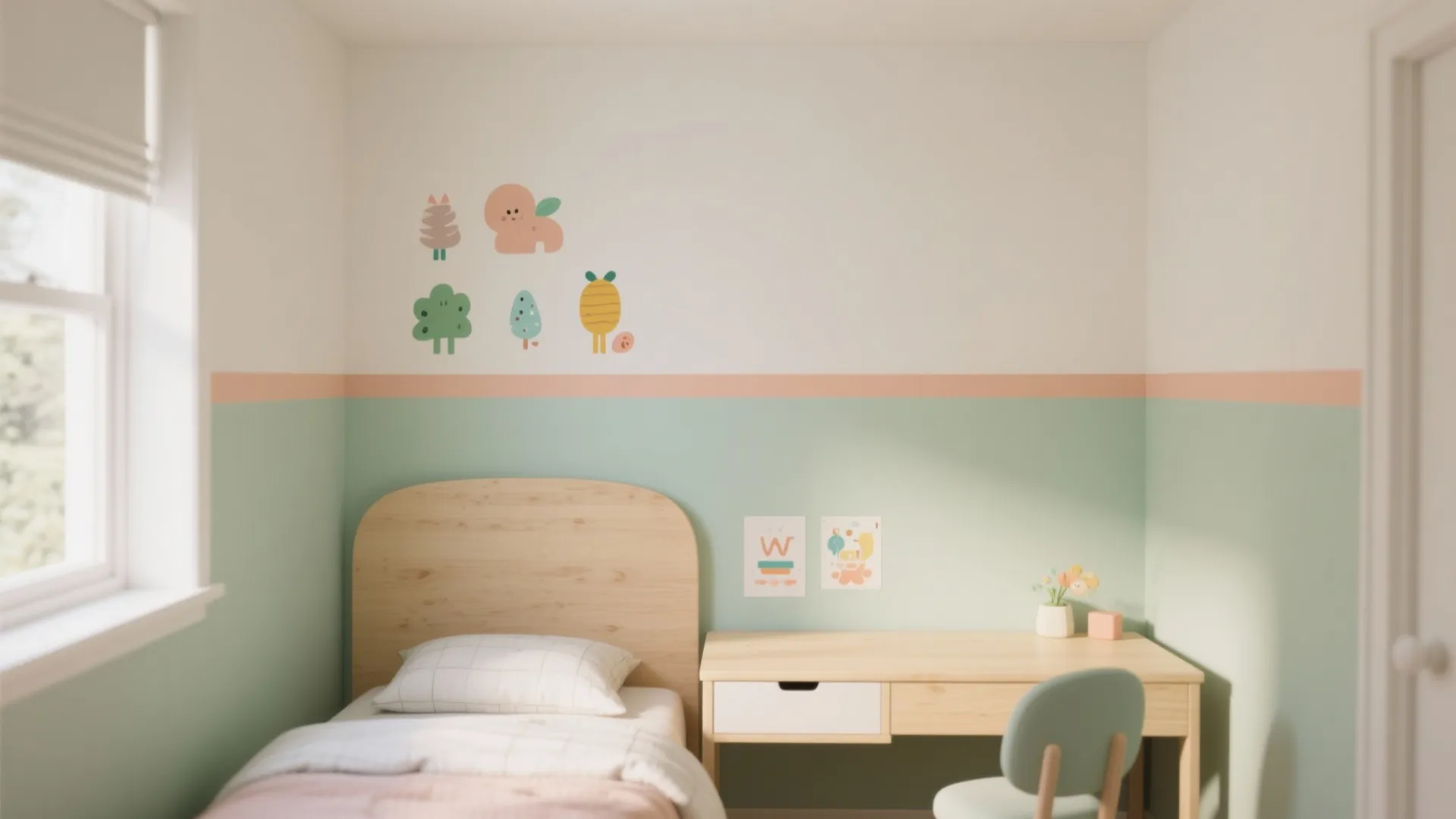 Kids bedroom with light wood bed and desk featuring green and white color block walls
