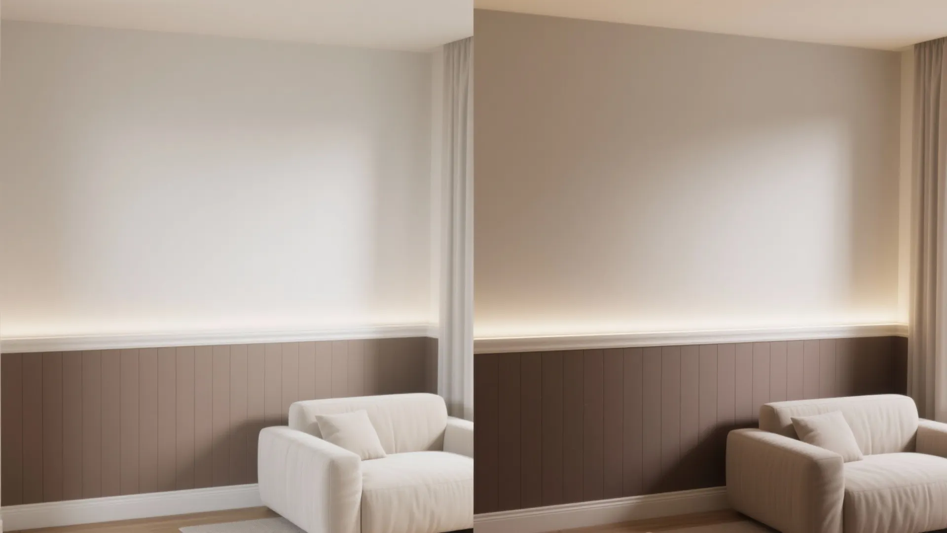 Before-and-after interior design drawing showing brown wall panel with hidden light and a white sofa