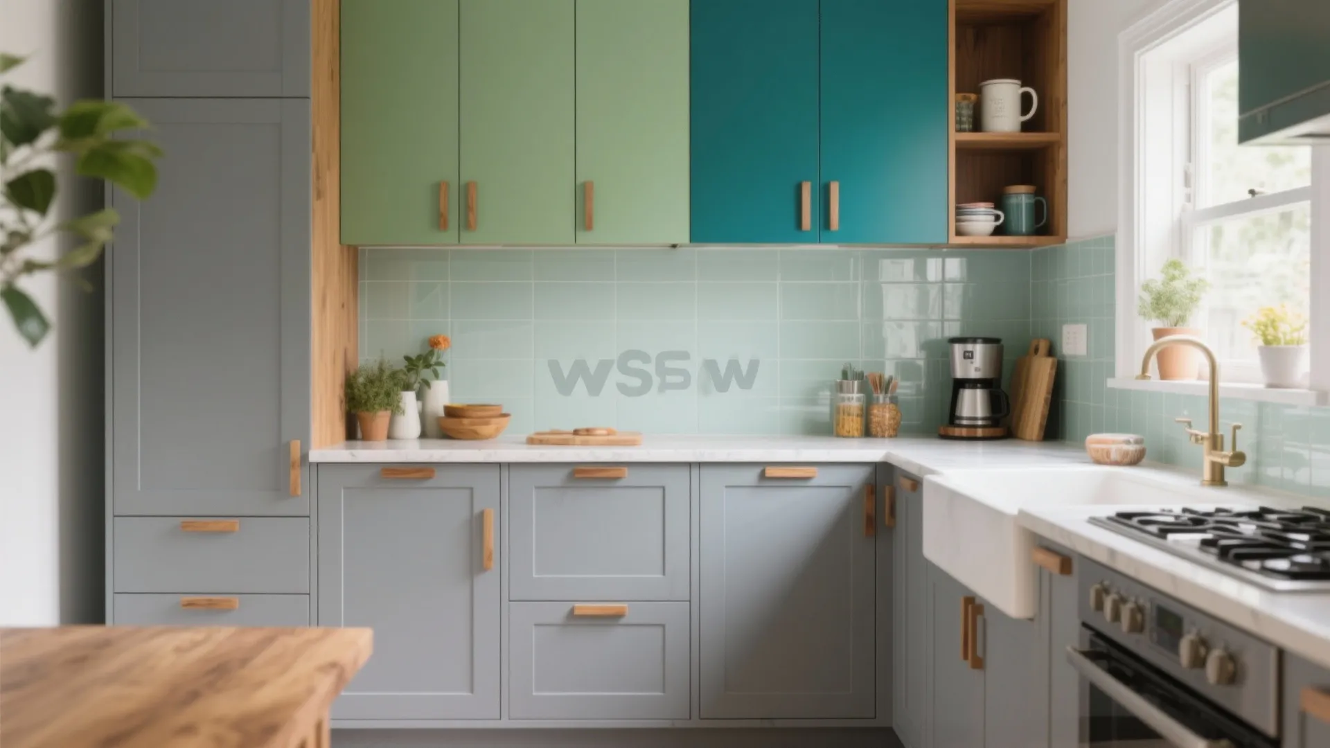 Kitchen with green and blue upper cabinets grey lower cabinets white sink and small gold faucet